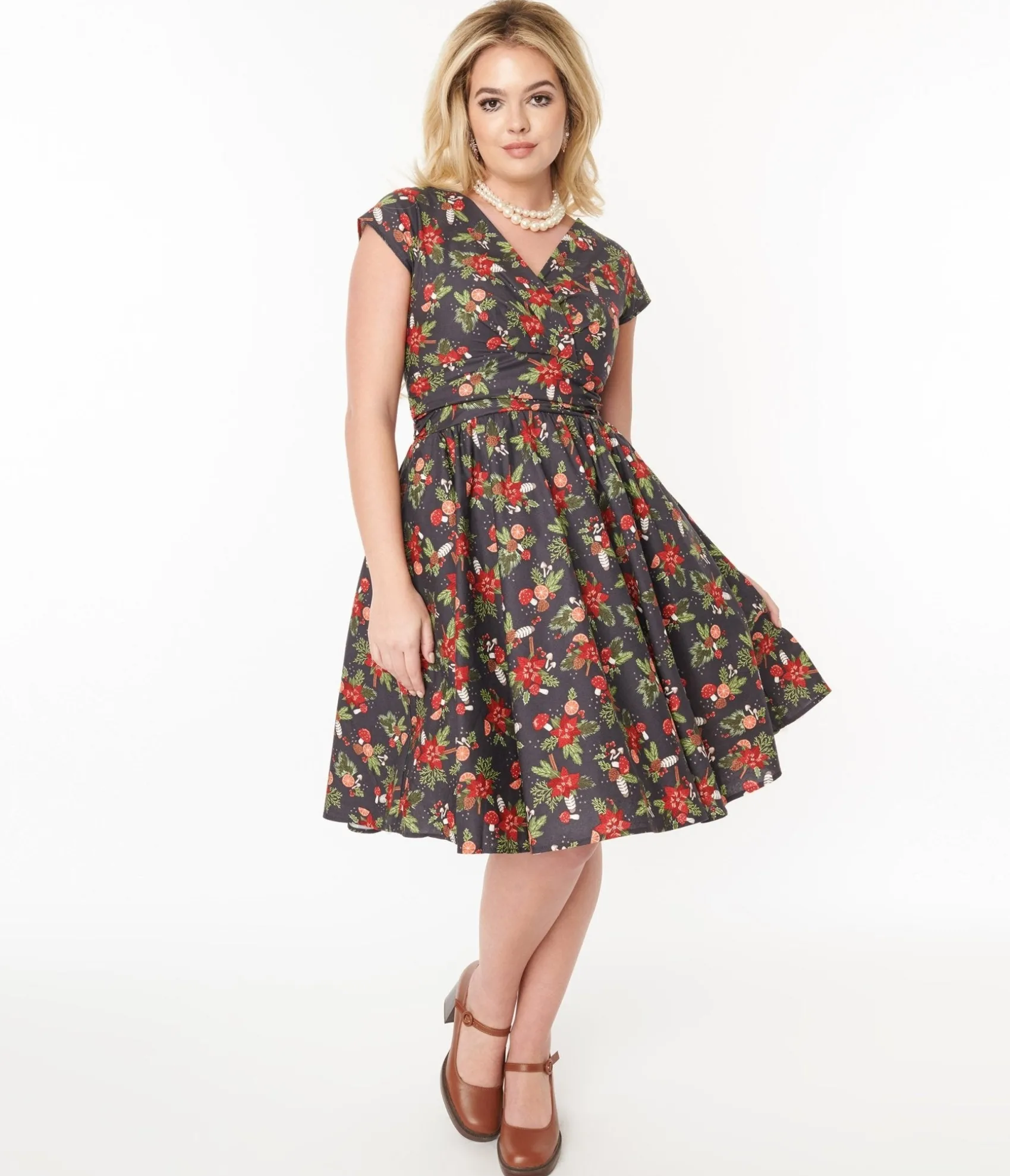 Unique Vintage Retrolicious Brown & Holiday Florals Greta Swing Dress Sale