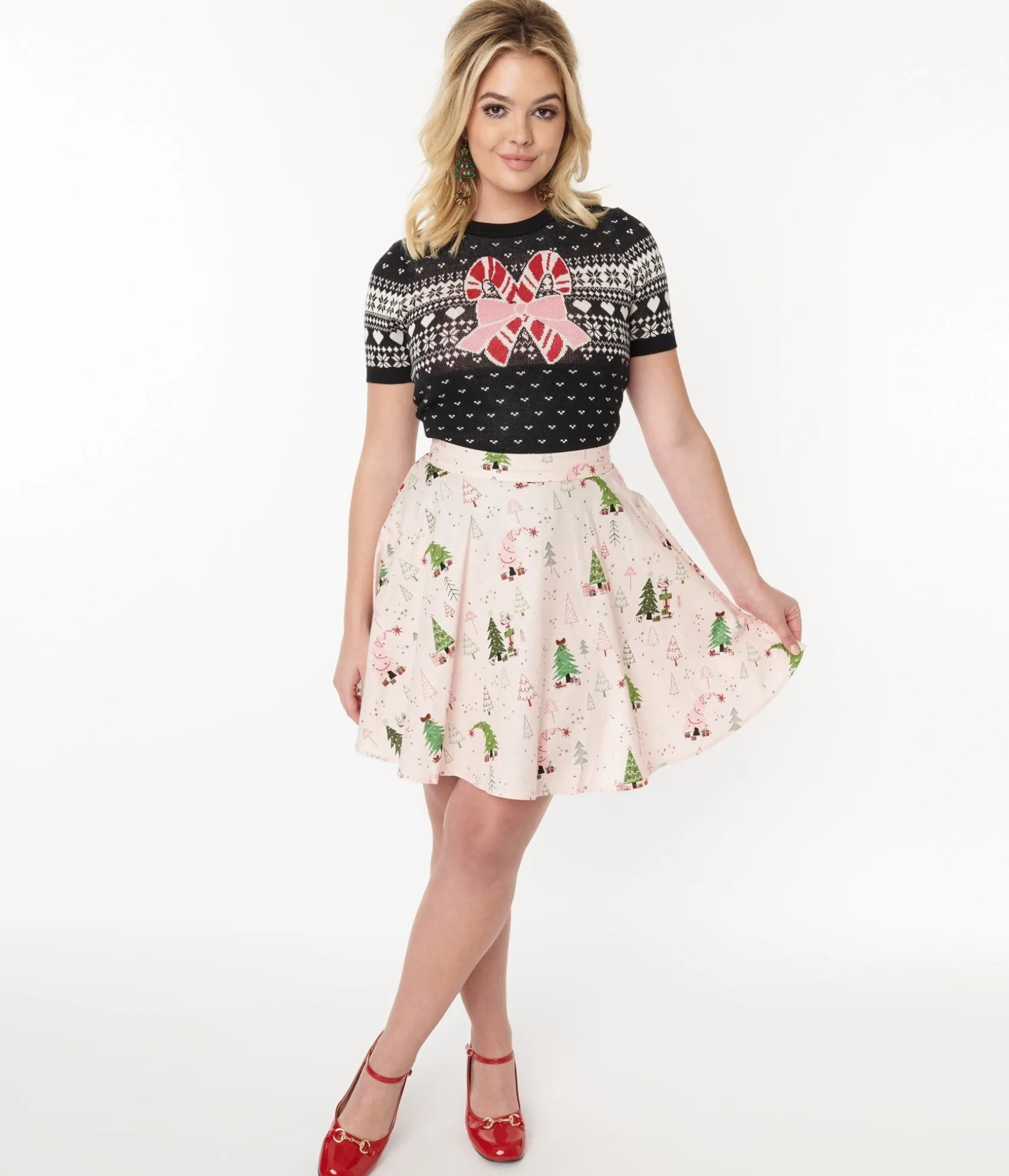 Unique Vintage Retrolicious Pink & Christmas Tree Skater Skirt Best Sale