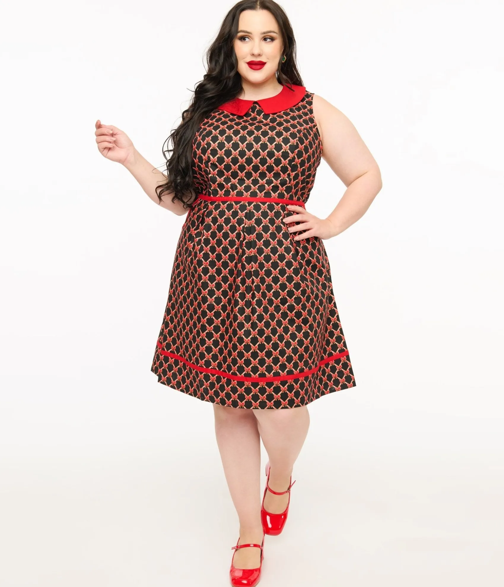 Unique Vintage Retrolicious Plus Size 1950s Black & Red Bow Cotton Fit & Flare Dress New