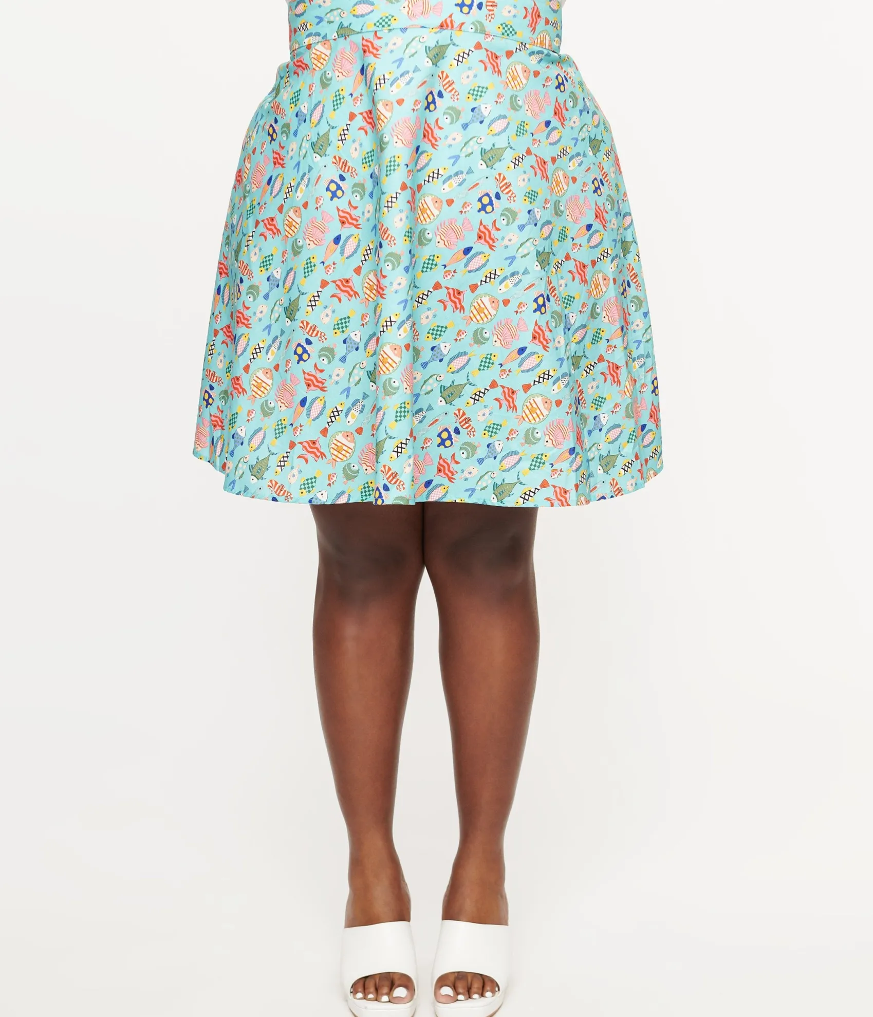 Unique Vintage Retrolicious Plus Size 1950s Blue & Multicolor Fish Print Cotton Skater Skirt Best