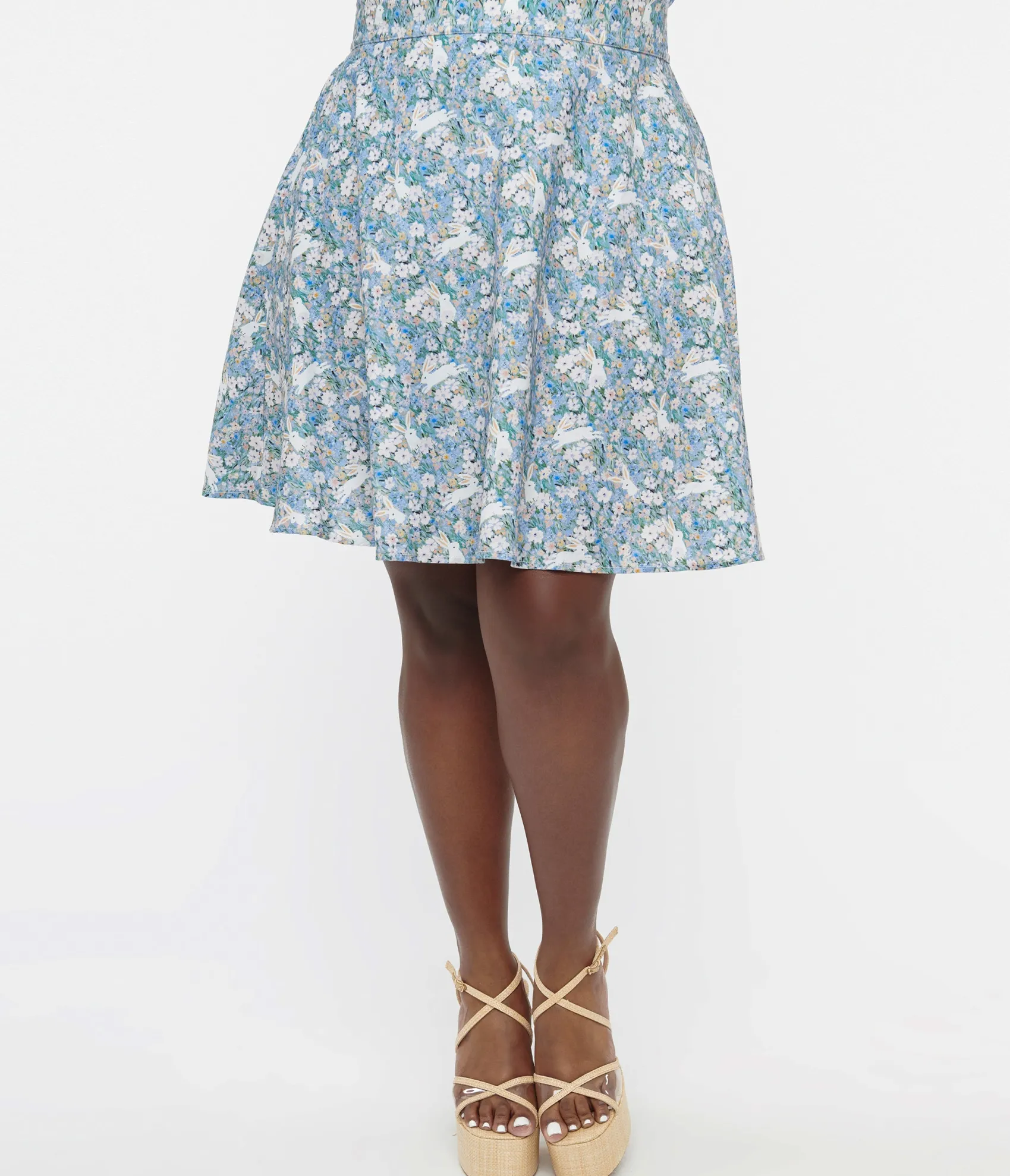 Unique Vintage Retrolicious Plus Size 1950s Blue & White Bunny Print Cotton Skater Skirt Clearance