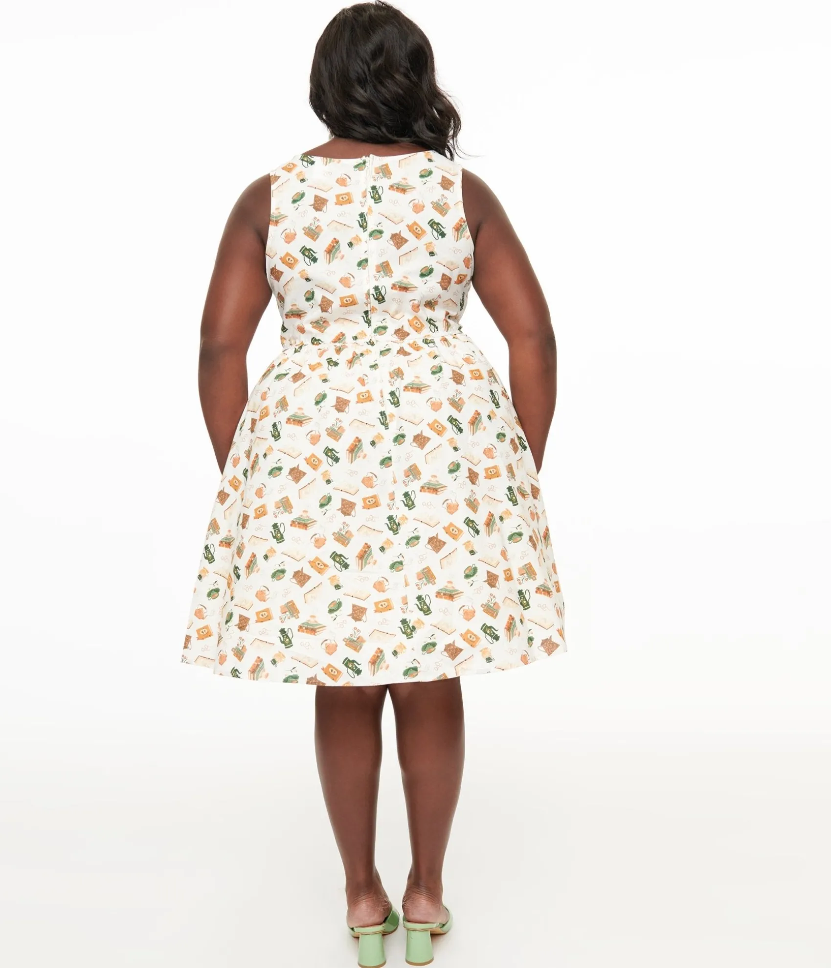 Unique Vintage Retrolicious Plus Size 1950s Cream Book & Tea Print Cotton Swing Dress Fashion