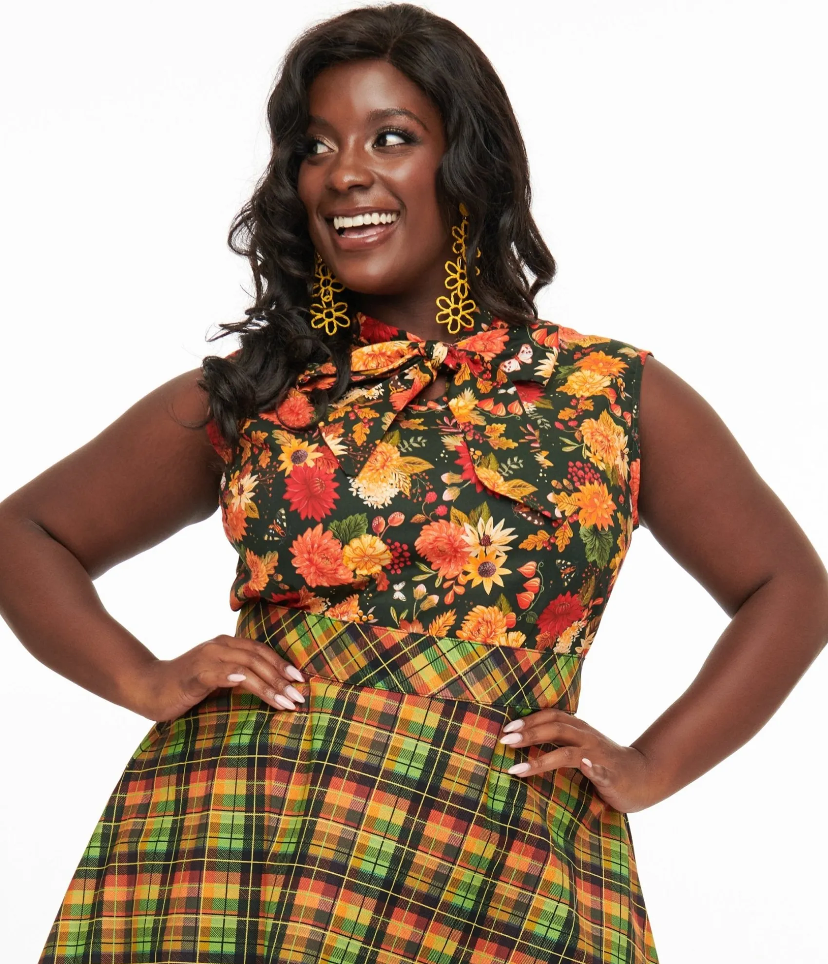 Unique Vintage Retrolicious Plus Size 1950s Dark Green Autumn Floral Cotton Bow Top Best