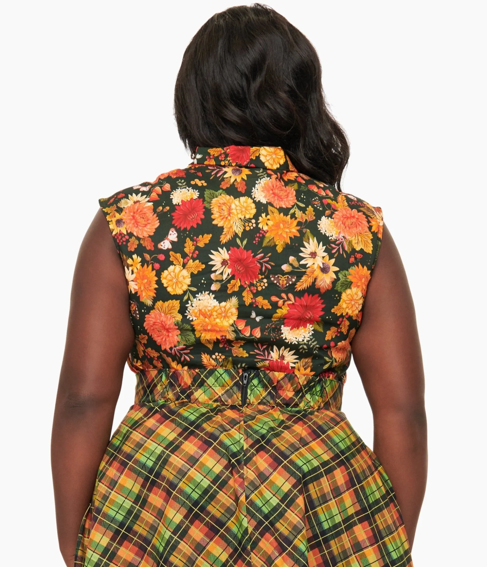 Unique Vintage Retrolicious Plus Size 1950s Dark Green Autumn Floral Cotton Bow Top Best