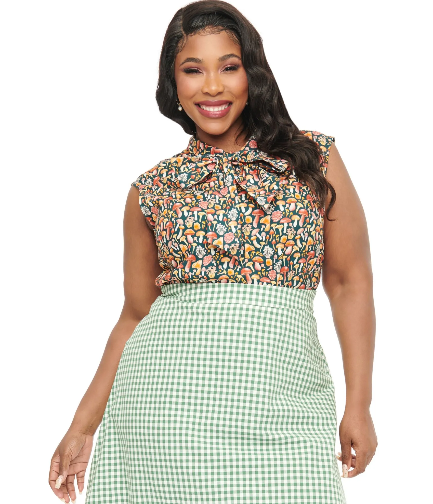 Unique Vintage Retrolicious Plus Size 1950s Forest Green Mushroom Print Cotton Bow Top Store