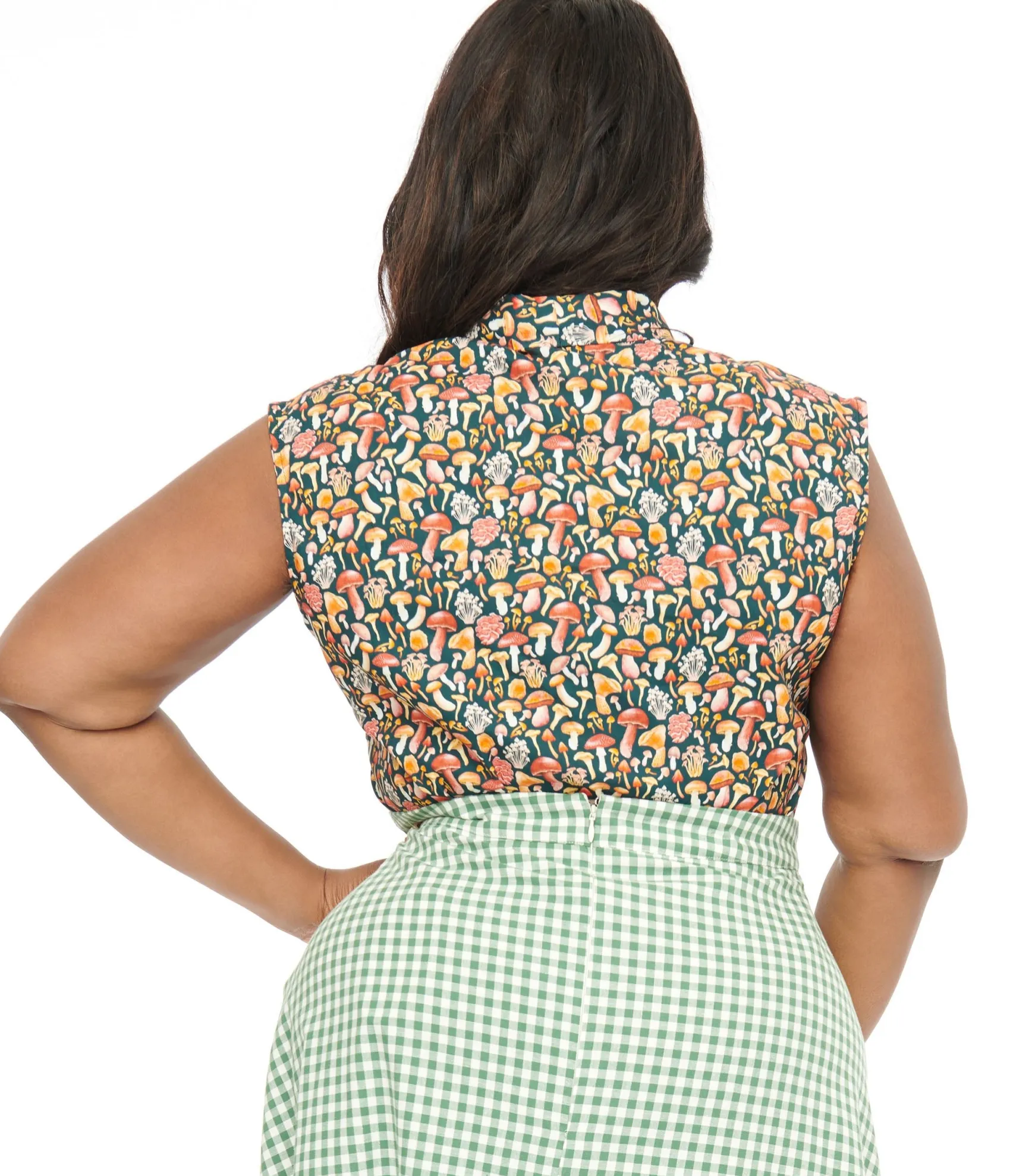 Unique Vintage Retrolicious Plus Size 1950s Forest Green Mushroom Print Cotton Bow Top Store