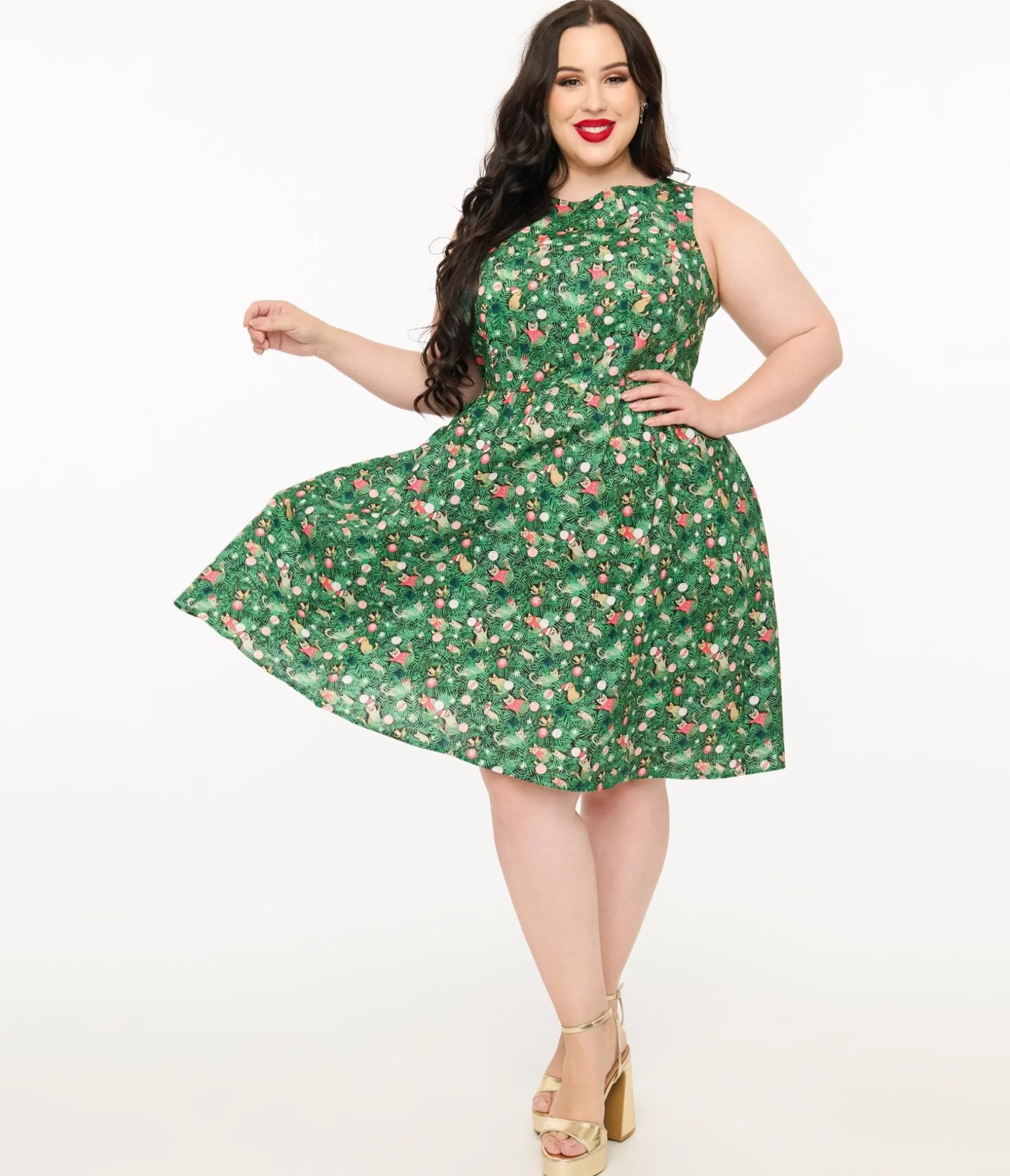 Unique Vintage Retrolicious Plus Size 1950s Green Holiday Cat Print Cotton Swing Dress New