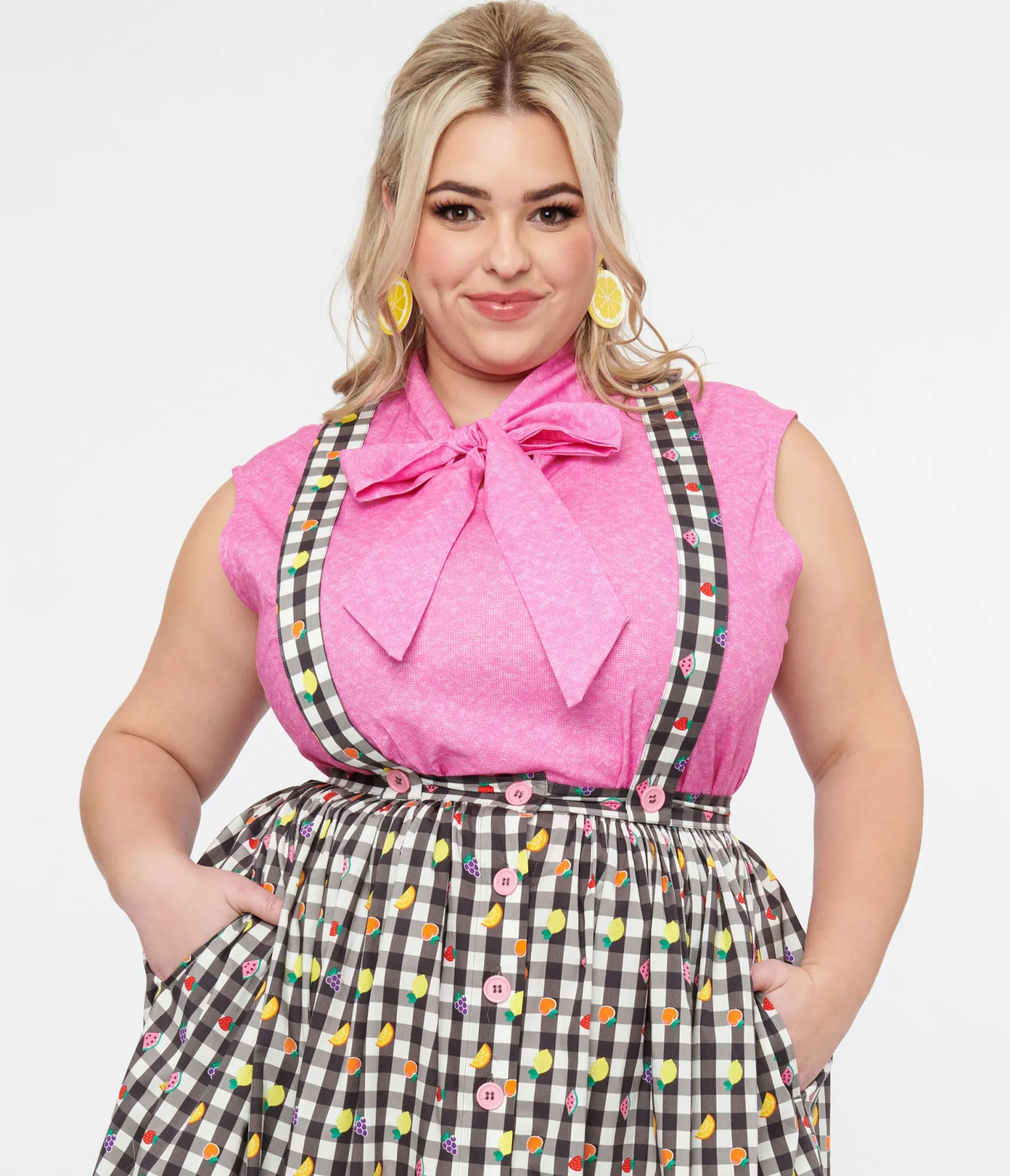 Unique Vintage Retrolicious Plus Size 1950s Hot Pink Cotton Bow Top Sale
