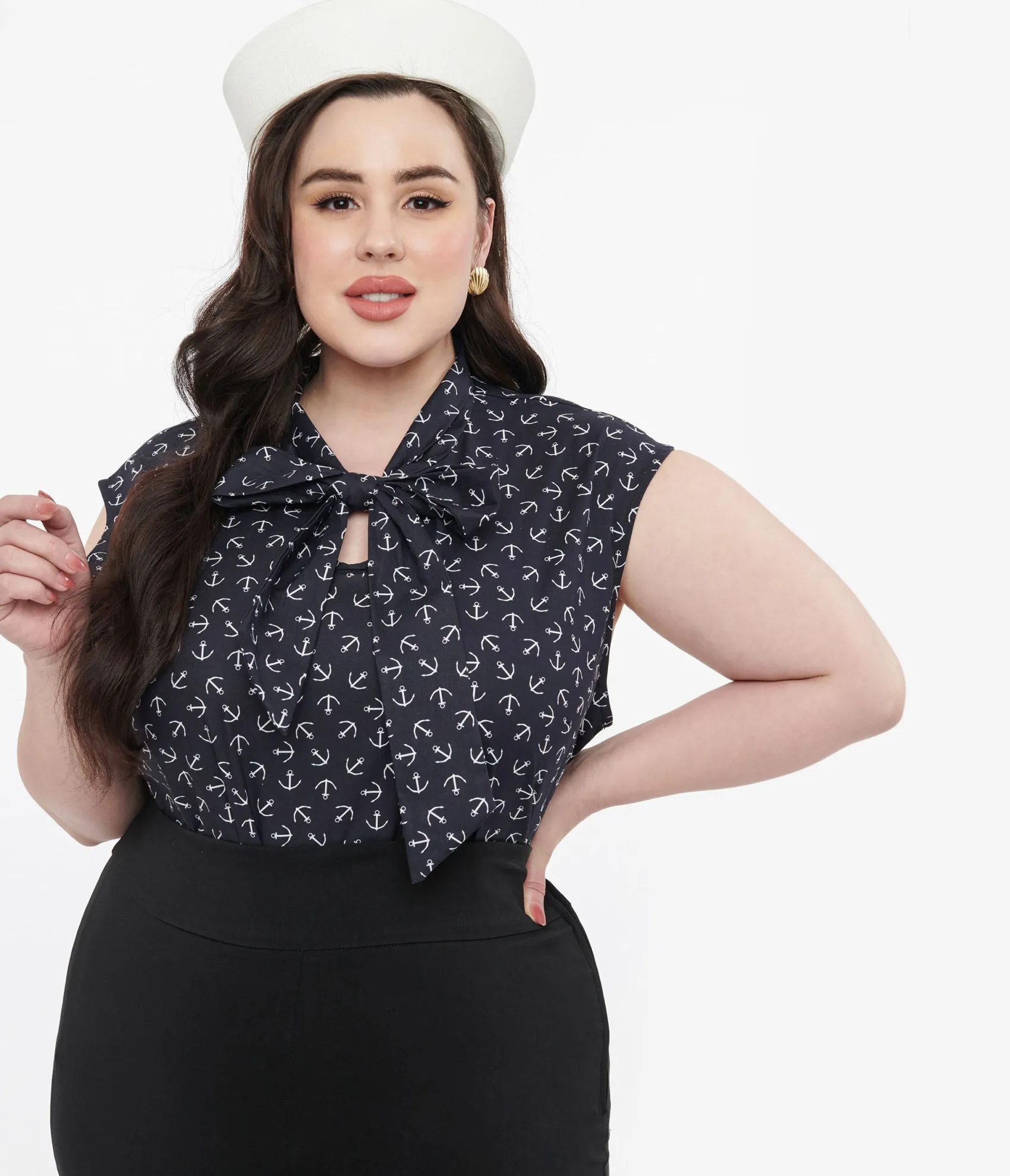 Unique Vintage Retrolicious Plus Size 1950s Navy Anchor Print Cotton Bow Blouse New