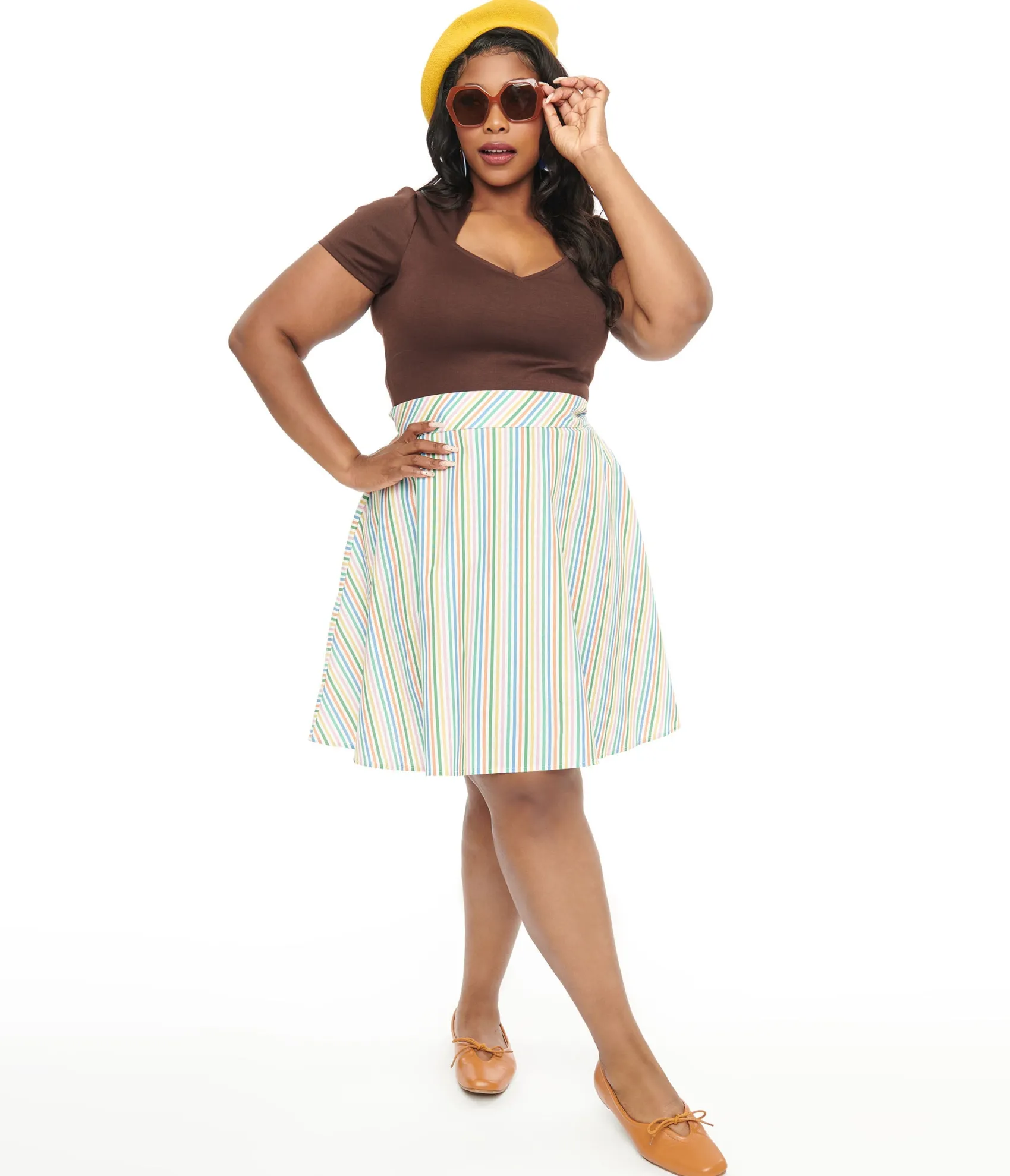 Unique Vintage Retrolicious Plus Size 1950s Rainbow Diagonal Stripe Skater Skirt Fashion