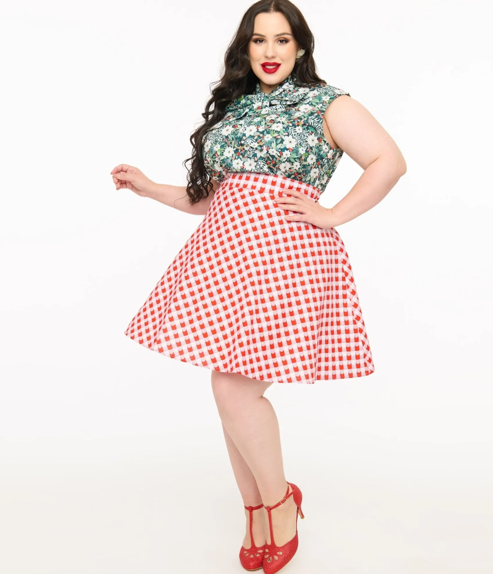 Unique Vintage Retrolicious Plus Size 1950s Red Check Skater Skirt Outlet