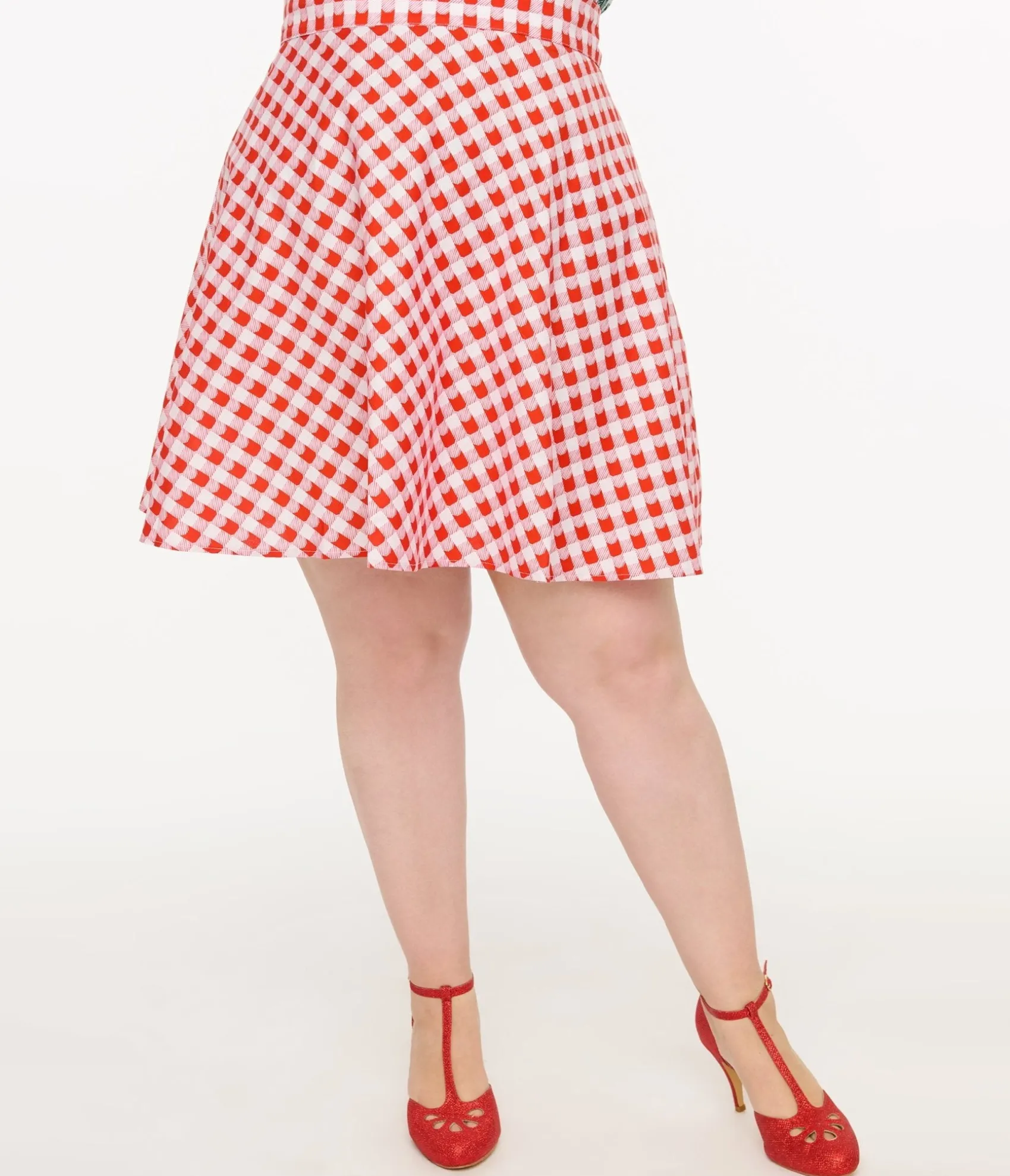 Unique Vintage Retrolicious Plus Size 1950s Red Check Skater Skirt Outlet