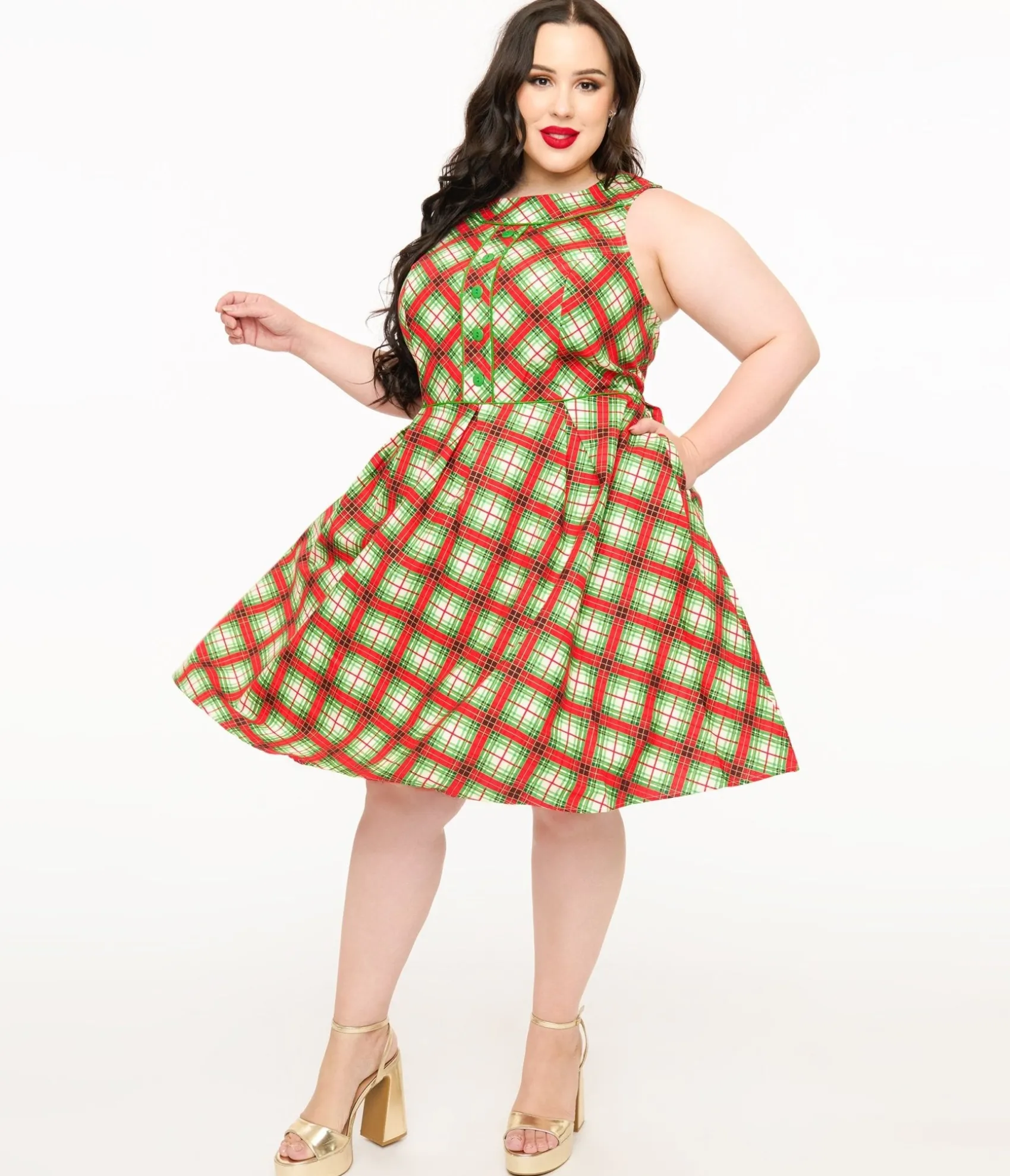 Unique Vintage Retrolicious Plus Size 1950s Red Tartan Holiday Elizabeth Swing Dress Sale