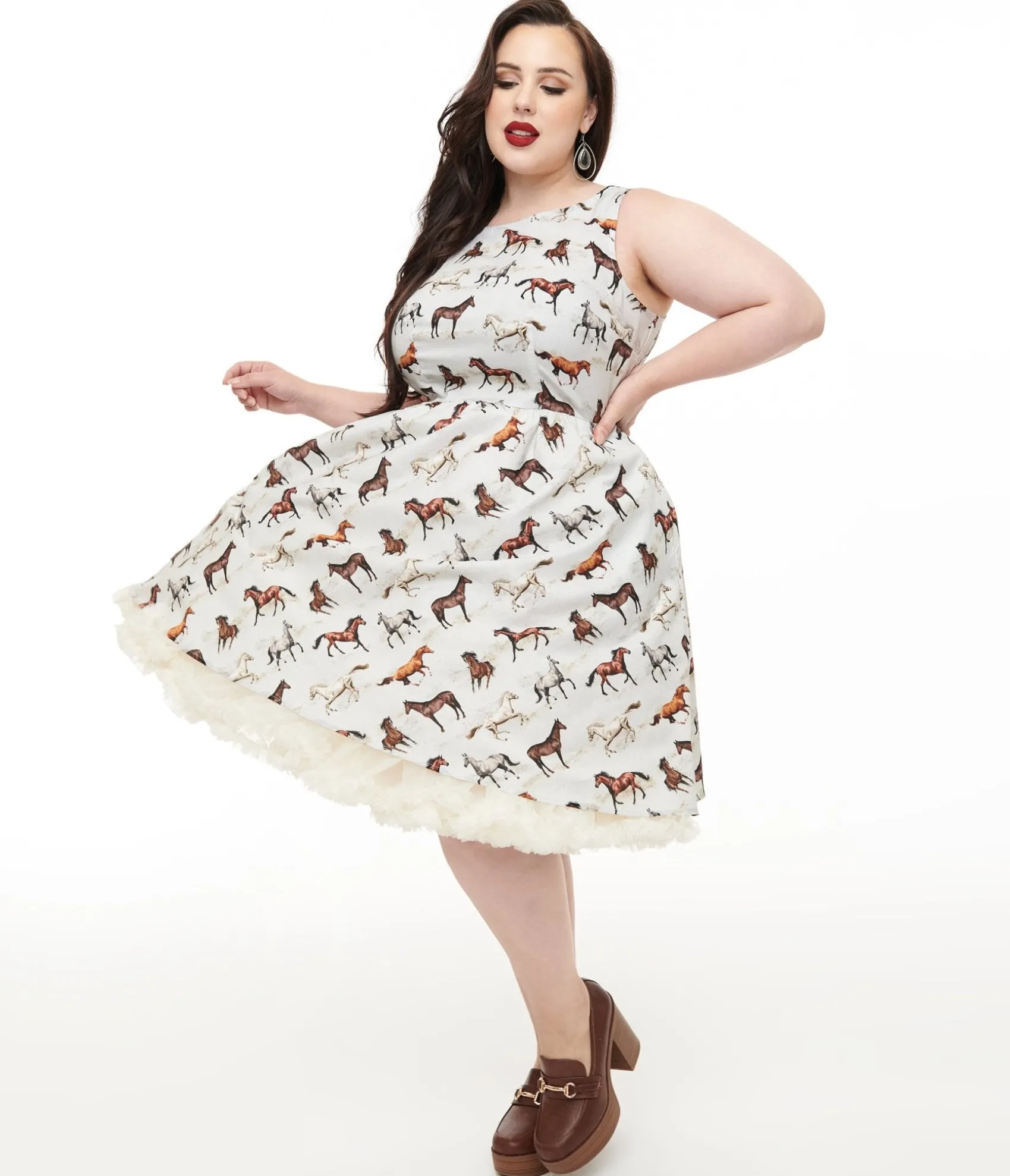 Unique Vintage Retrolicious Plus Size 1950s White & Brown Horse Print Cotton Swing Dress Best Sale
