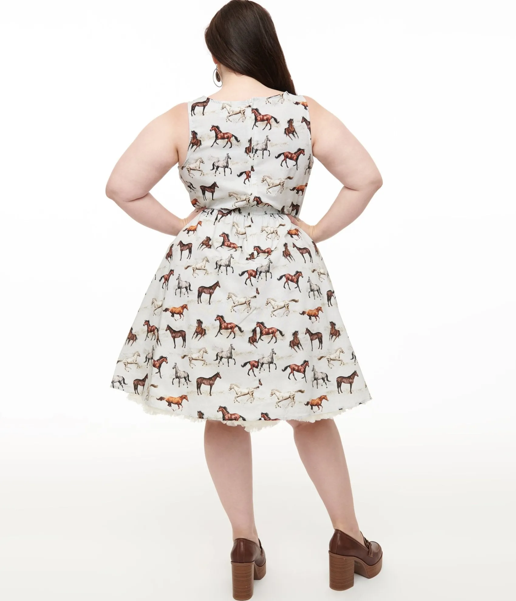 Unique Vintage Retrolicious Plus Size 1950s White & Brown Horse Print Cotton Swing Dress Best Sale