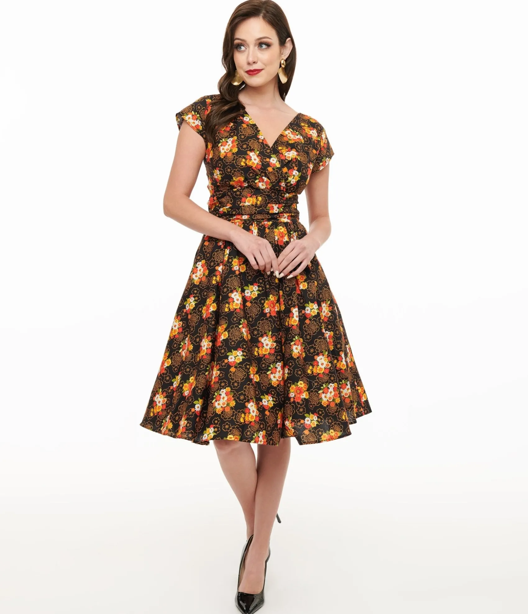 Unique Vintage Retrolicious 1950s Autumn Floral Cotton Greta Swing Dress Best