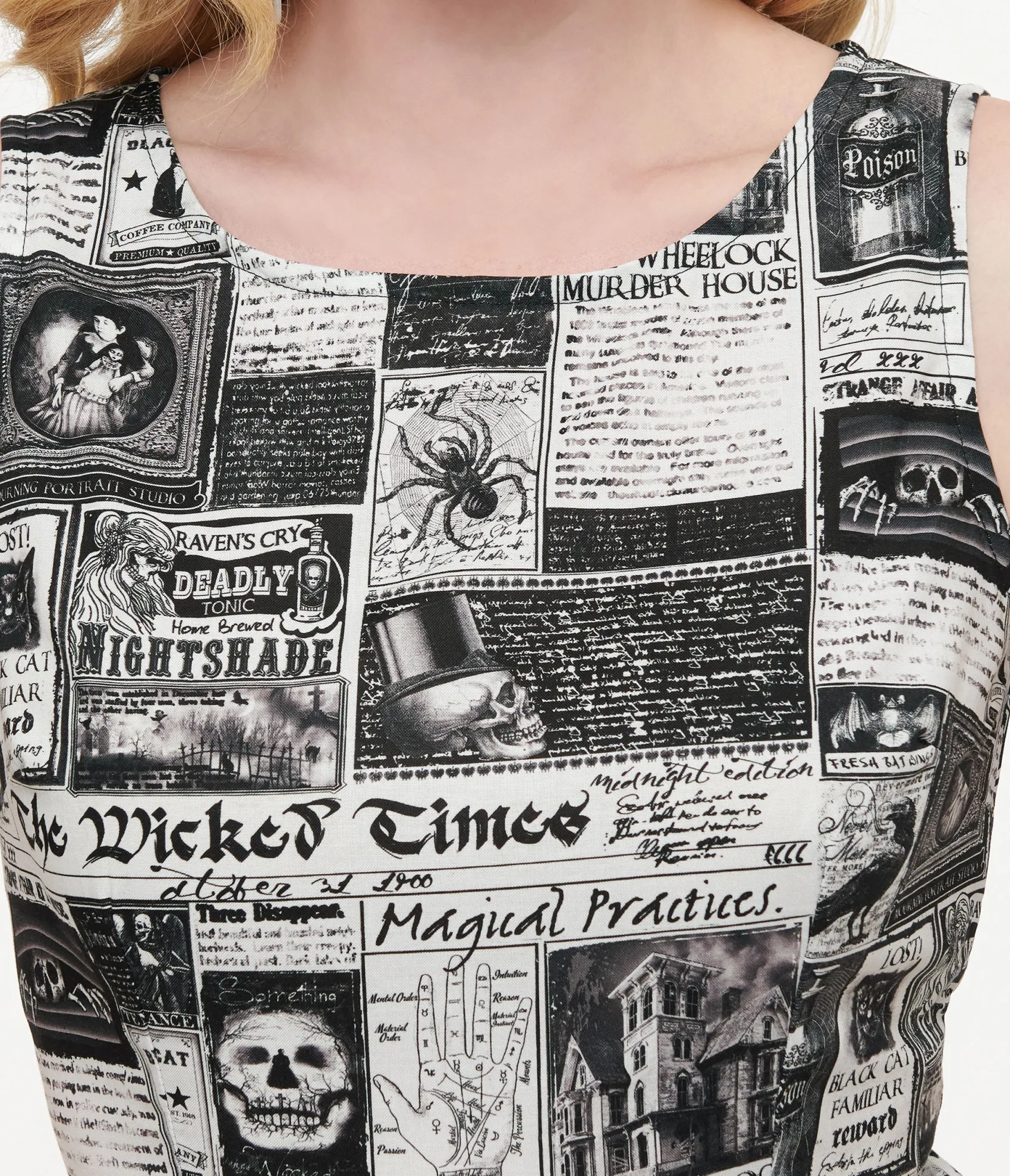 Unique Vintage Retrolicious 1950s Black & White Halloween Newspaper Midi Dress Best Sale