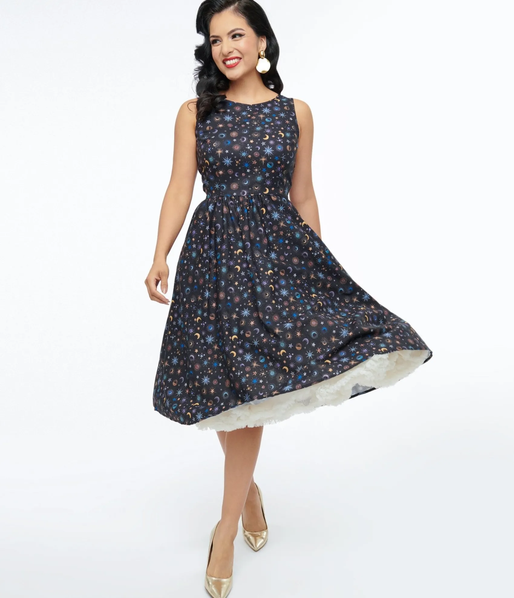 Unique Vintage Retrolicious 1950s Black Celestial Stars & Moon Print Midi Dress Best Sale