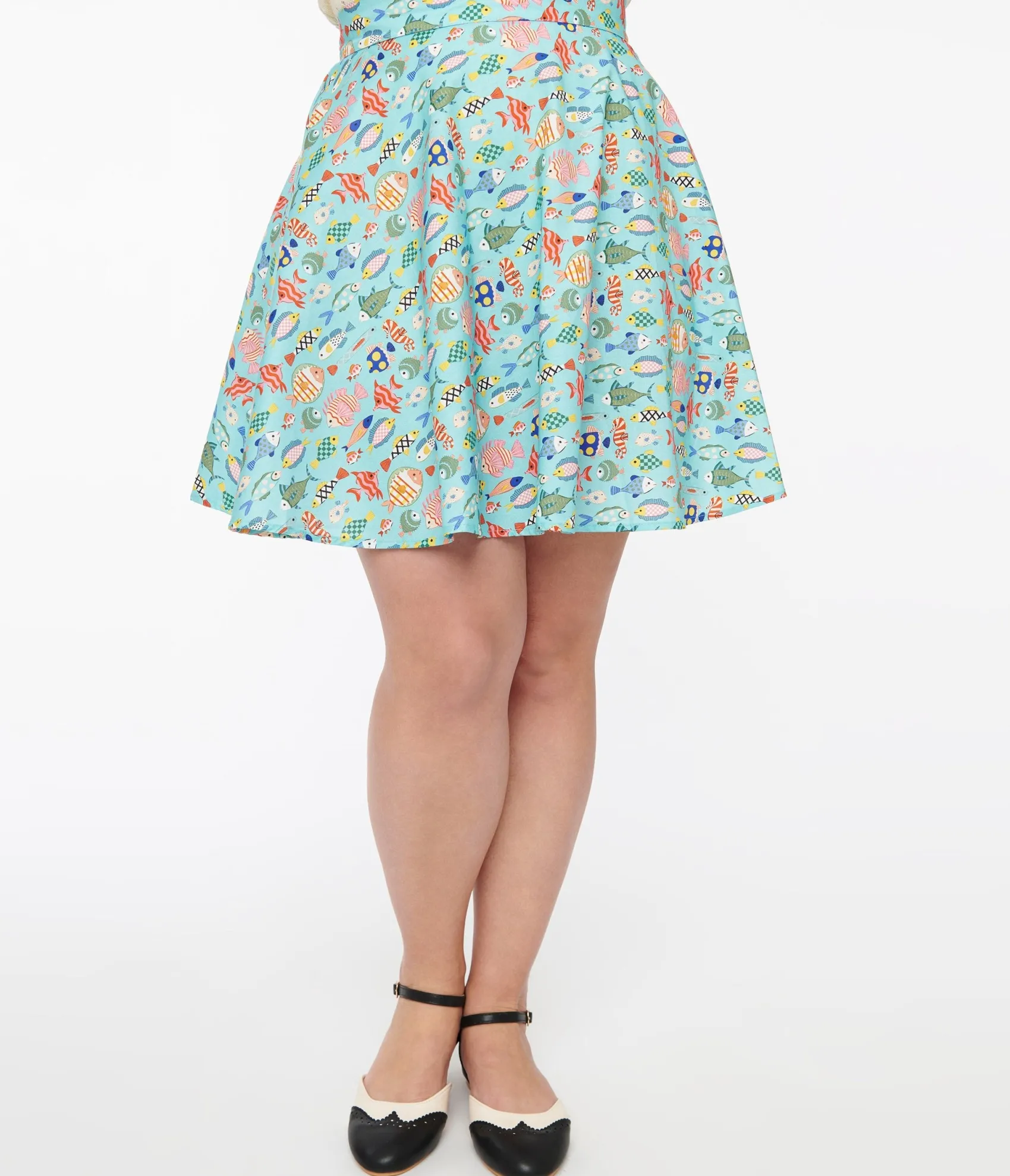 Unique Vintage Retrolicious 1950s Blue & Multicolor Fish Print Cotton Skater Skirt Fashion