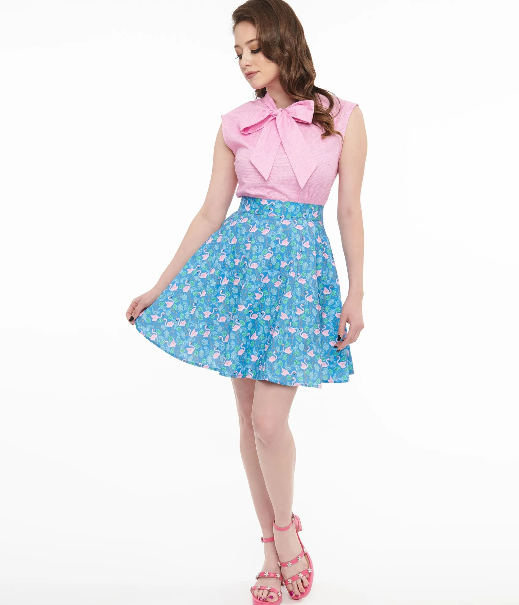 Unique Vintage Retrolicious 1950s Blue & Pink Flamingo Print Cotton Skater Skirt Best