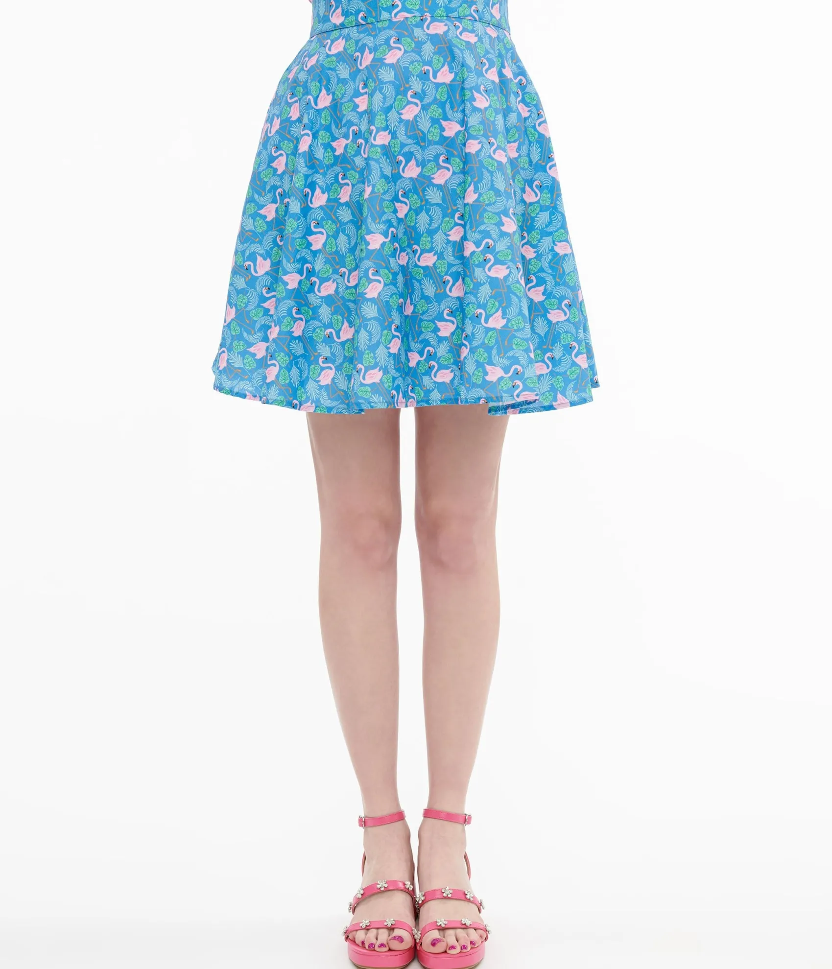 Unique Vintage Retrolicious 1950s Blue & Pink Flamingo Print Cotton Skater Skirt Best