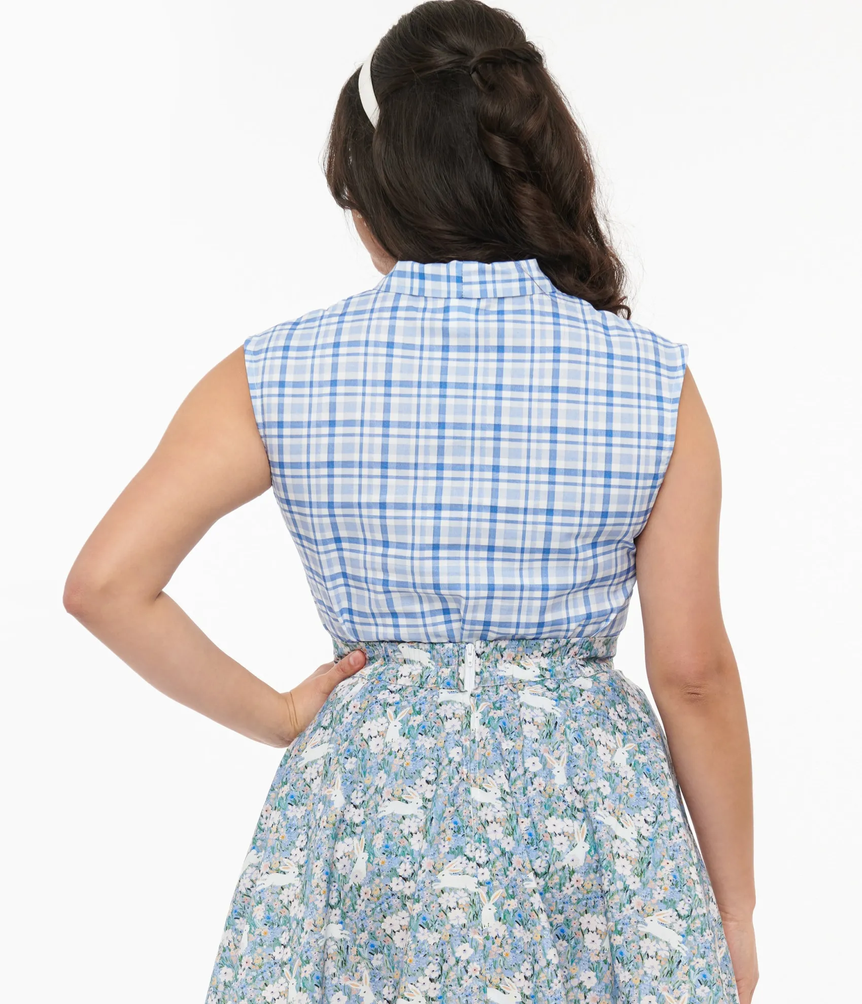 Unique Vintage Retrolicious 1950s Blue Plaid Cotton Bow Top Store