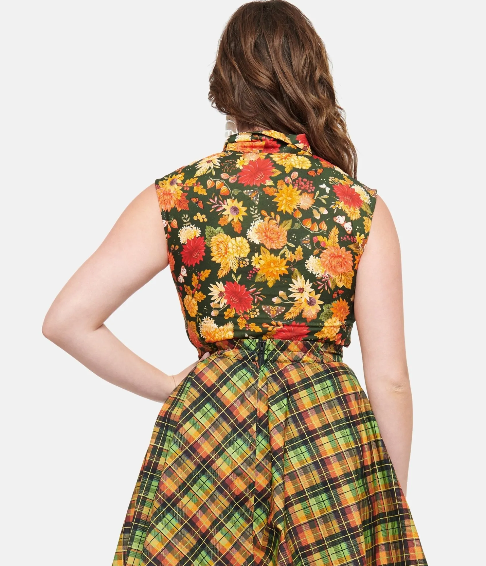 Unique Vintage Retrolicious 1950s Dark Green Autumn Floral Cotton Bow Top Sale