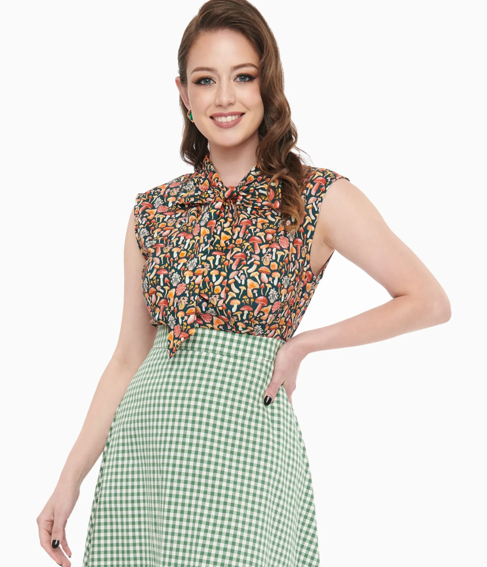 Unique Vintage Retrolicious 1950s Forest Green Mushroom Print Cotton Bow Top Shop