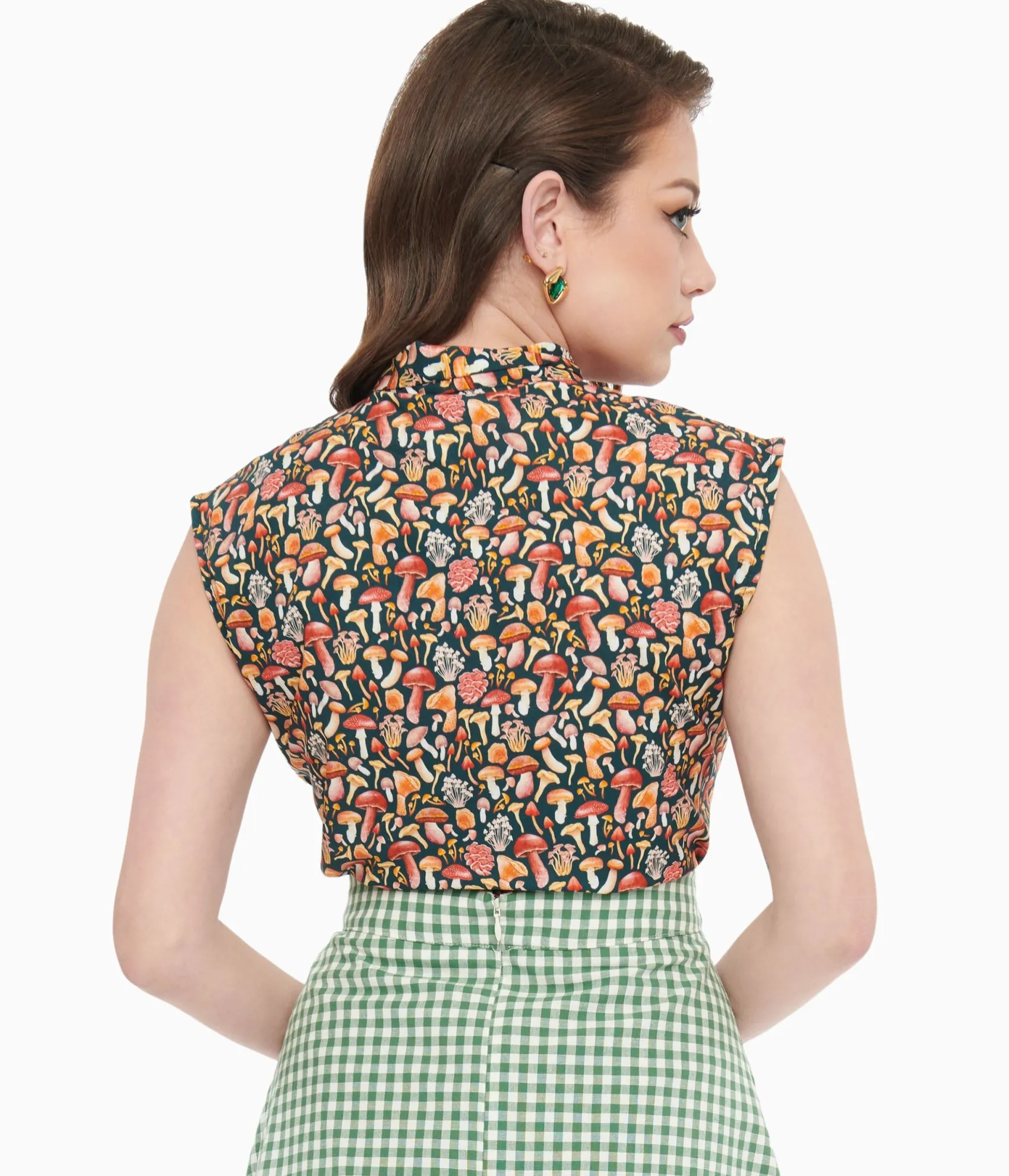 Unique Vintage Retrolicious 1950s Forest Green Mushroom Print Cotton Bow Top Shop