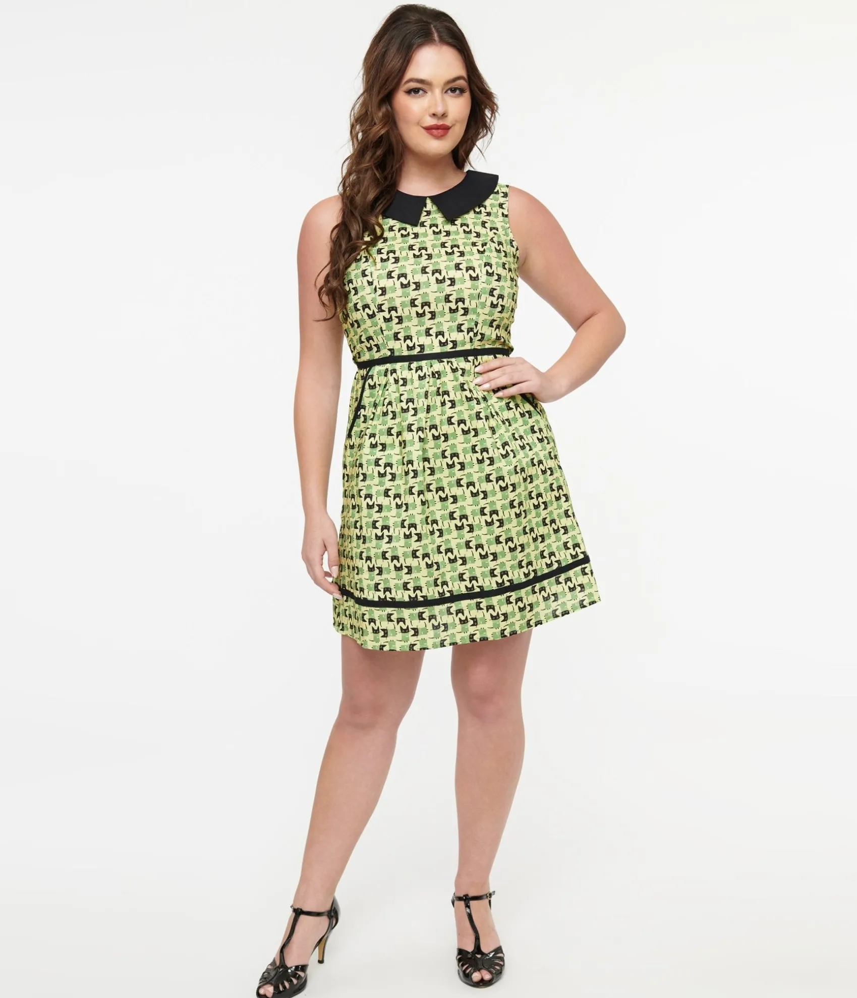 Unique Vintage Retrolicious 1950s Green & Black Mod Cat Print Collared Fit & Flare Dress Sale