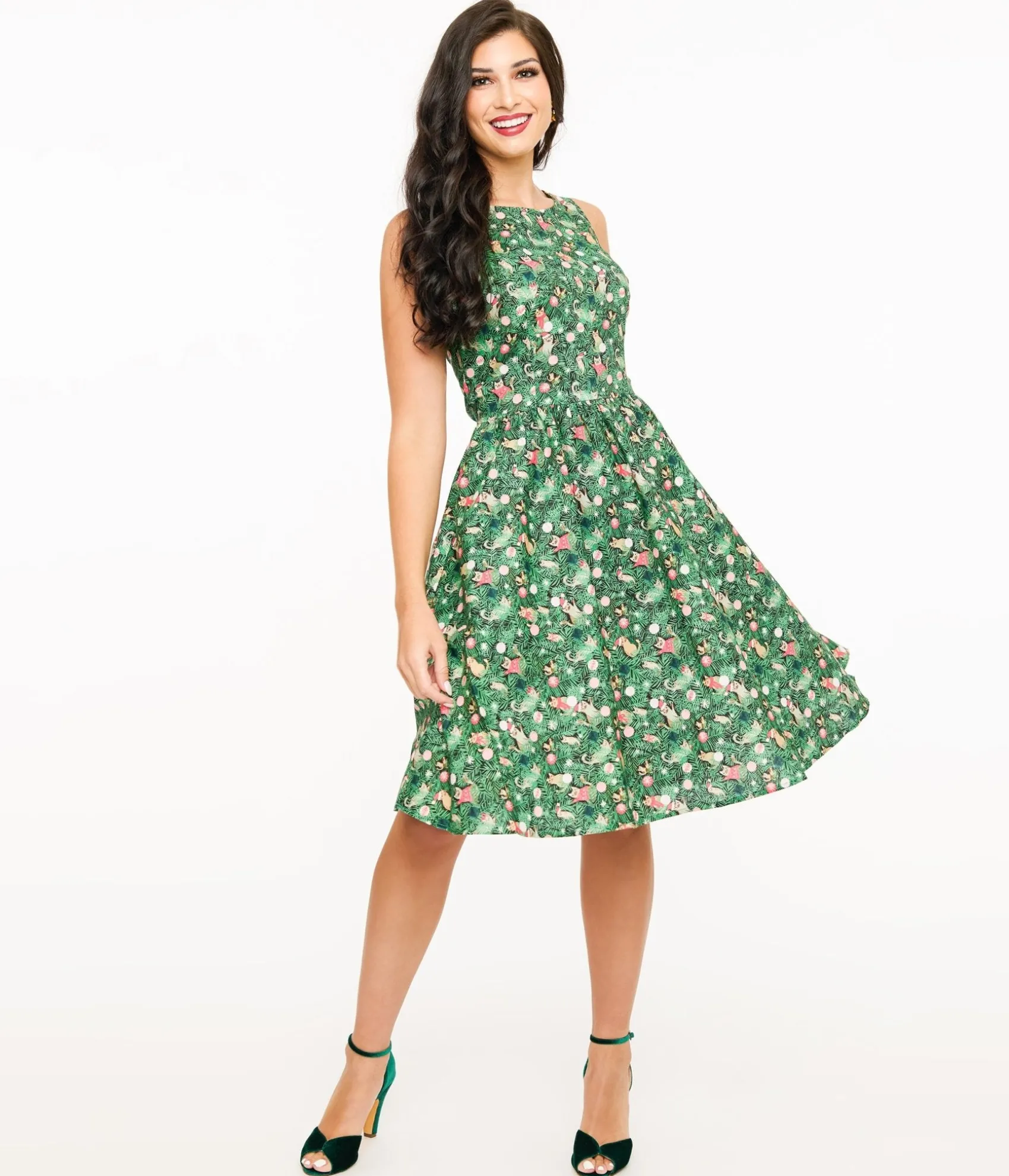 Unique Vintage Retrolicious 1950s Green Holiday Cat Print Cotton Swing Dress Fashion