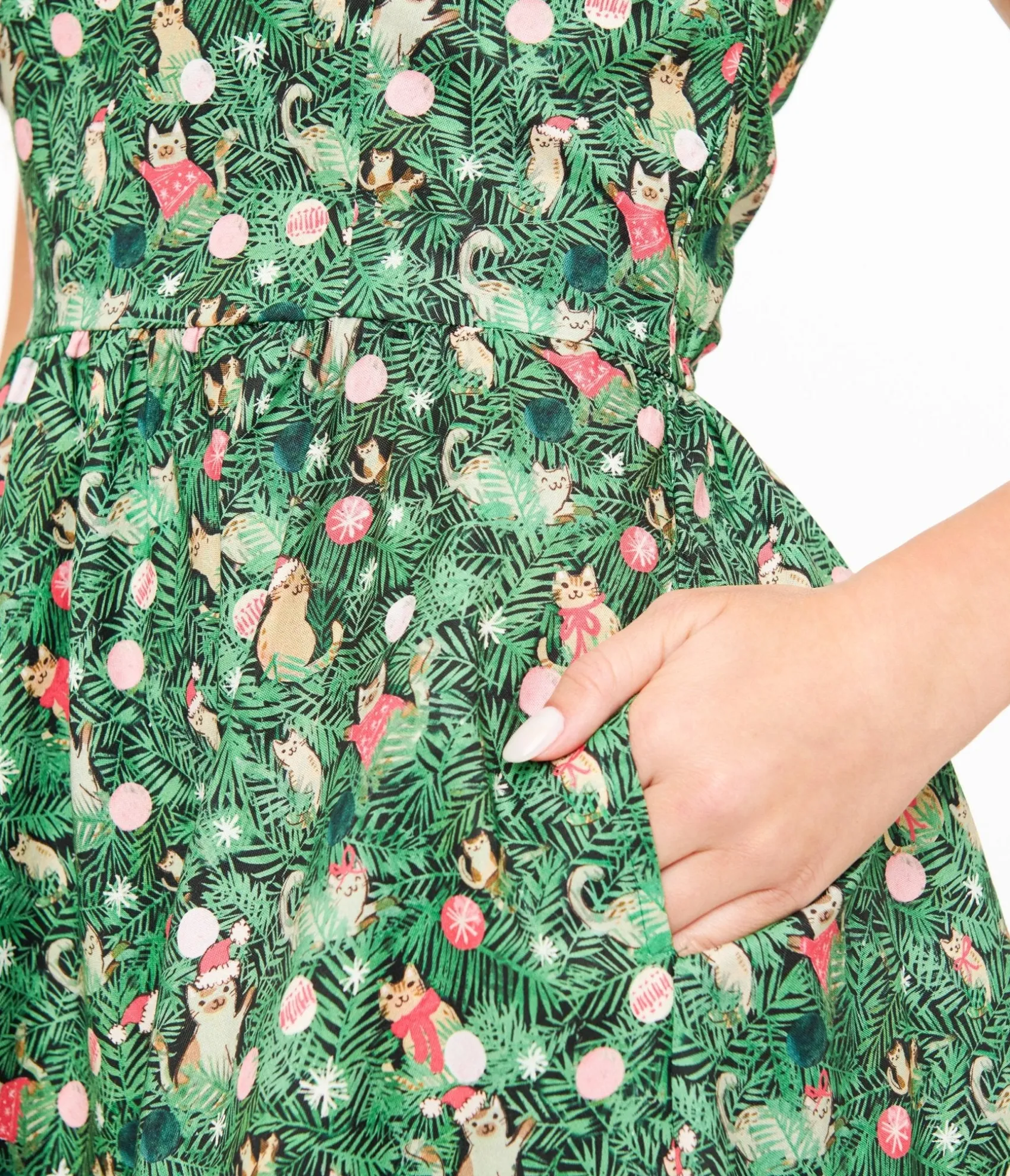 Unique Vintage Retrolicious 1950s Green Holiday Cat Print Cotton Swing Dress Fashion