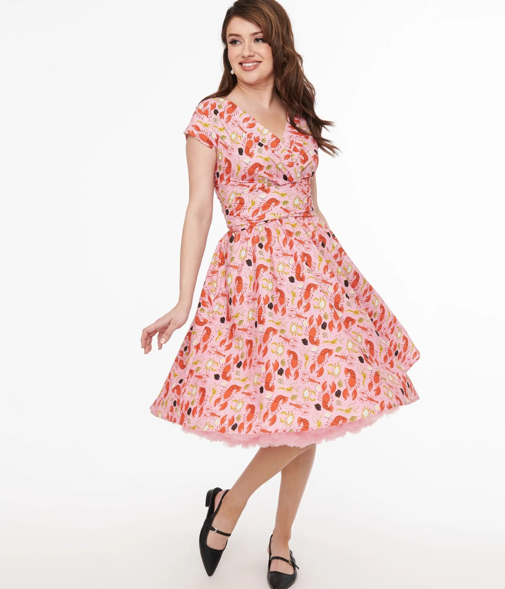 Unique Vintage Retrolicious 1950s Pink & Red Lobster Print Cotton Greta Swing Dress Online