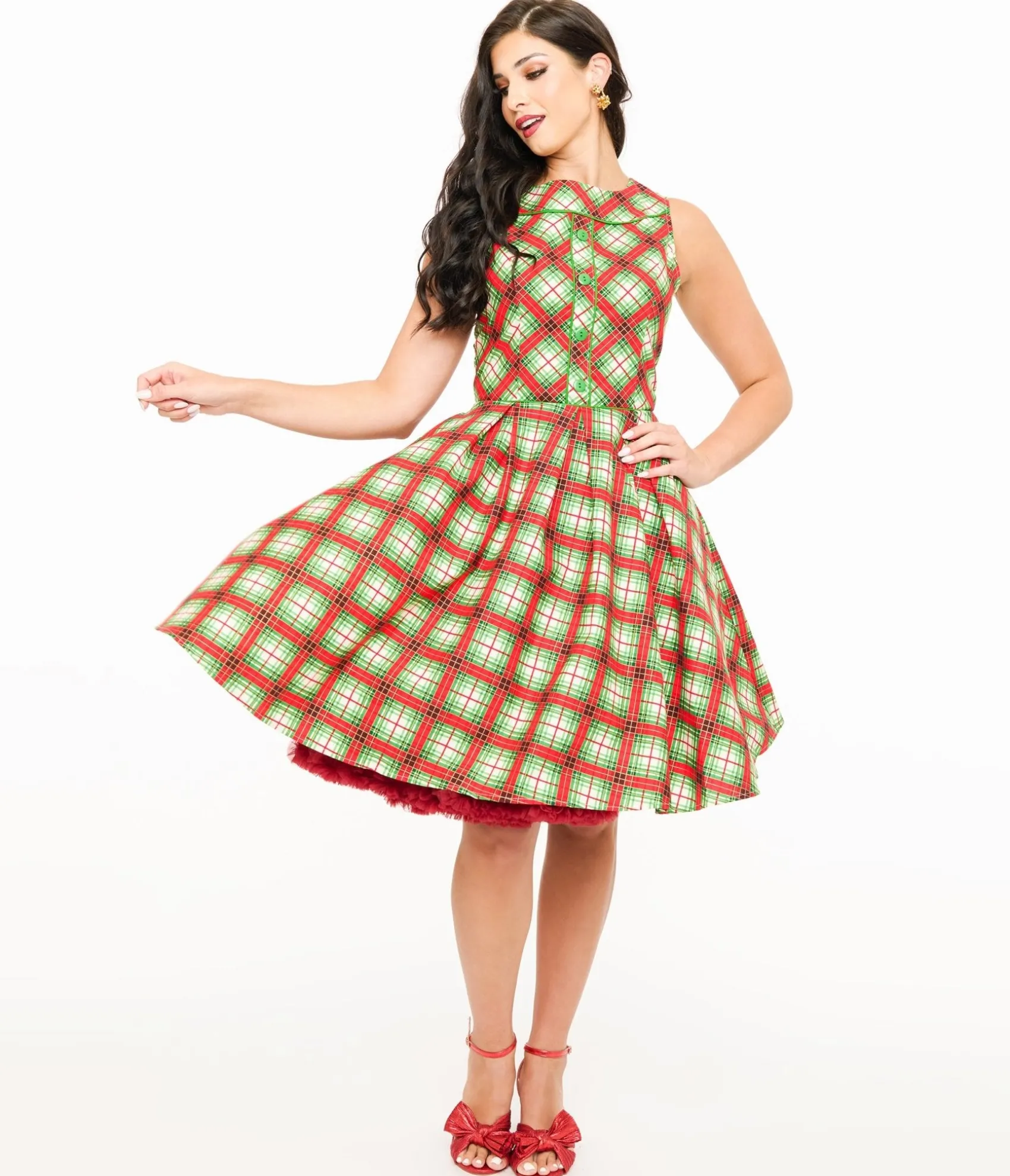 Unique Vintage Retrolicious 1950s Red Tartan Holiday Elizabeth Swing Dress Outlet