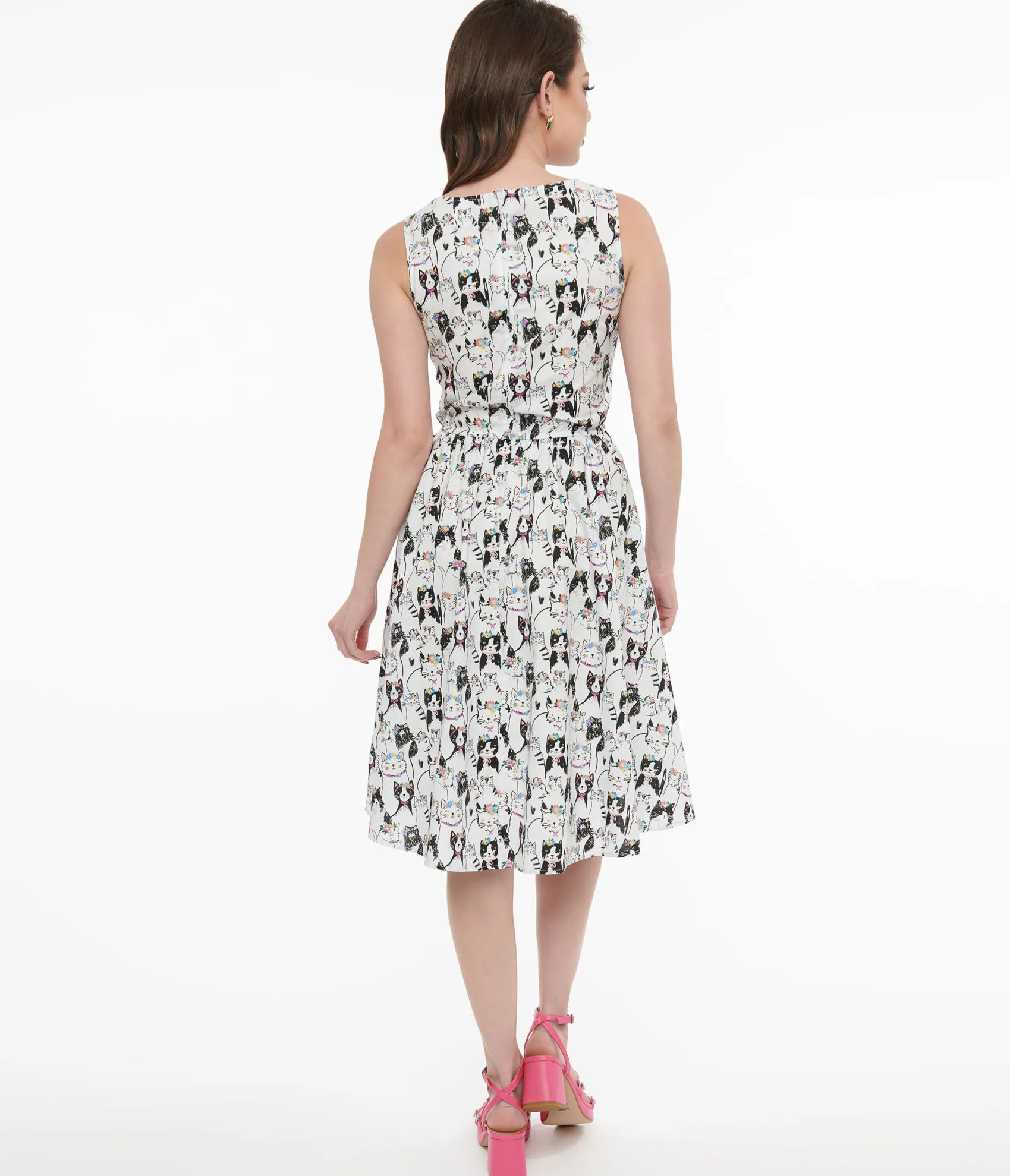 Unique Vintage Retrolicious 1950s White Cat Party Crown Print Cotton Swing Dress Cheap