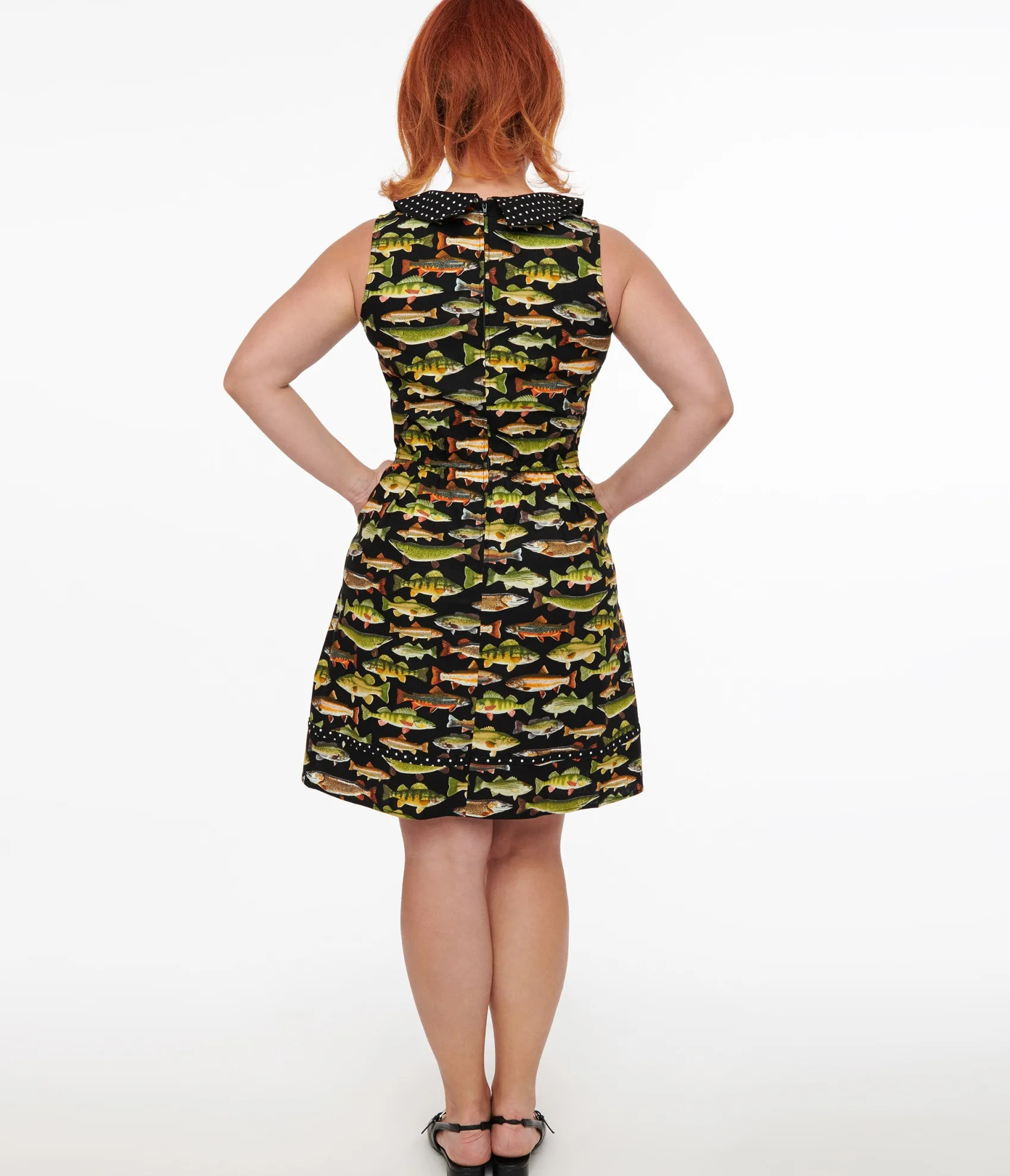 Unique Vintage Retrolicious 1950s White Polka Dot & Fish Print Collared Fit & Flare Dress Clearance