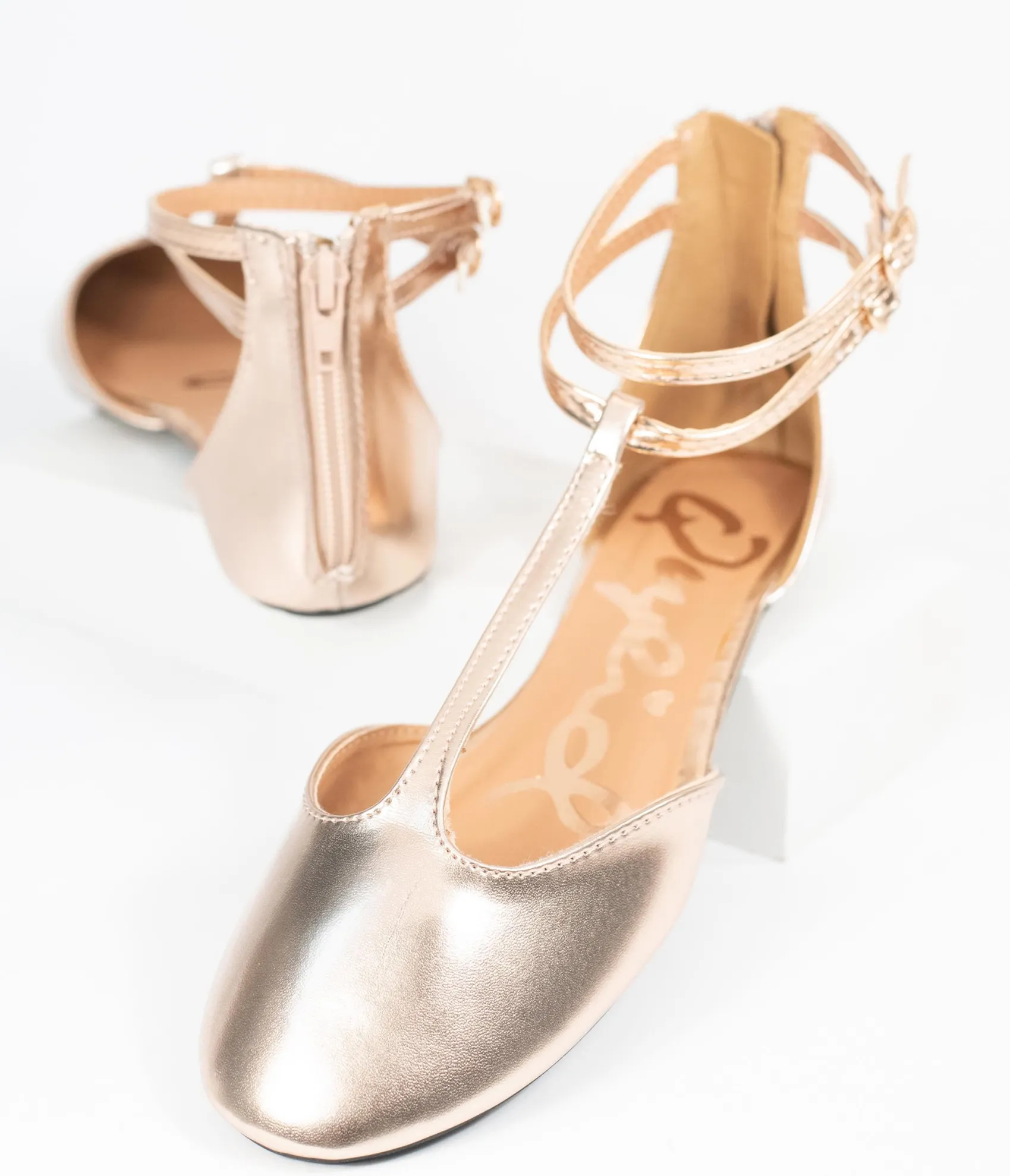 Unique Vintage Rose Gold Patent Leatherette Bee T-Strap Flats Clearance