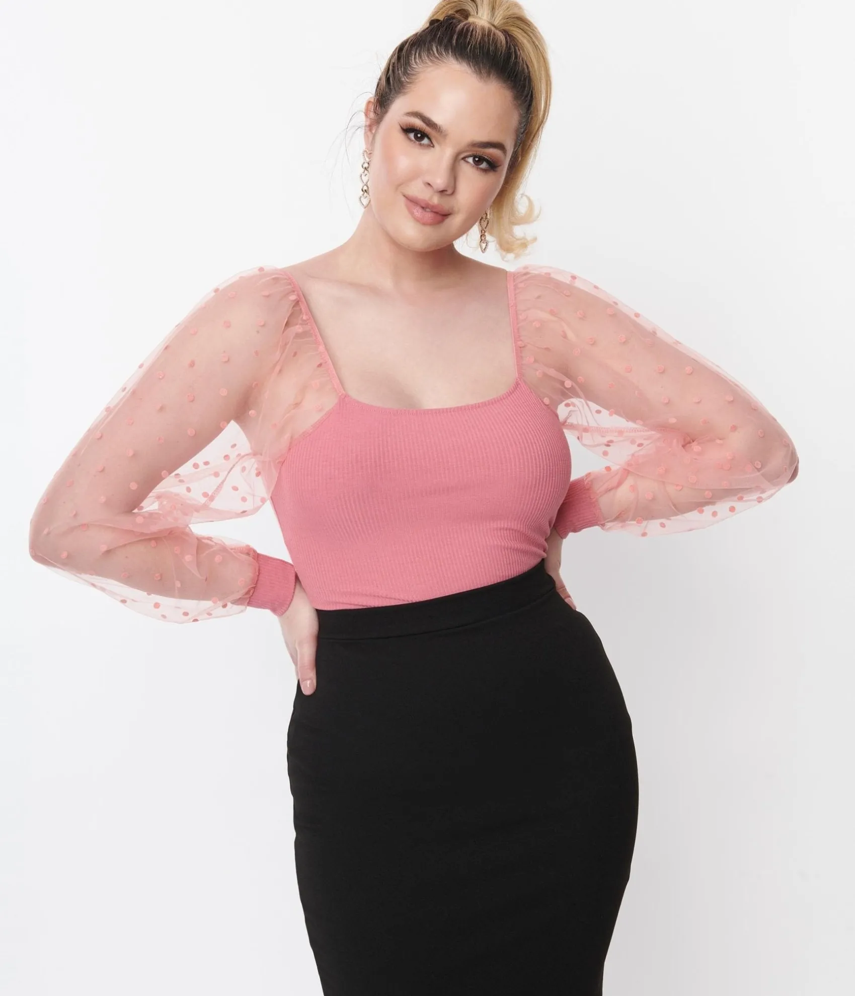 Unique Vintage Rose Pink Dot Mesh Delilah Blouse Store