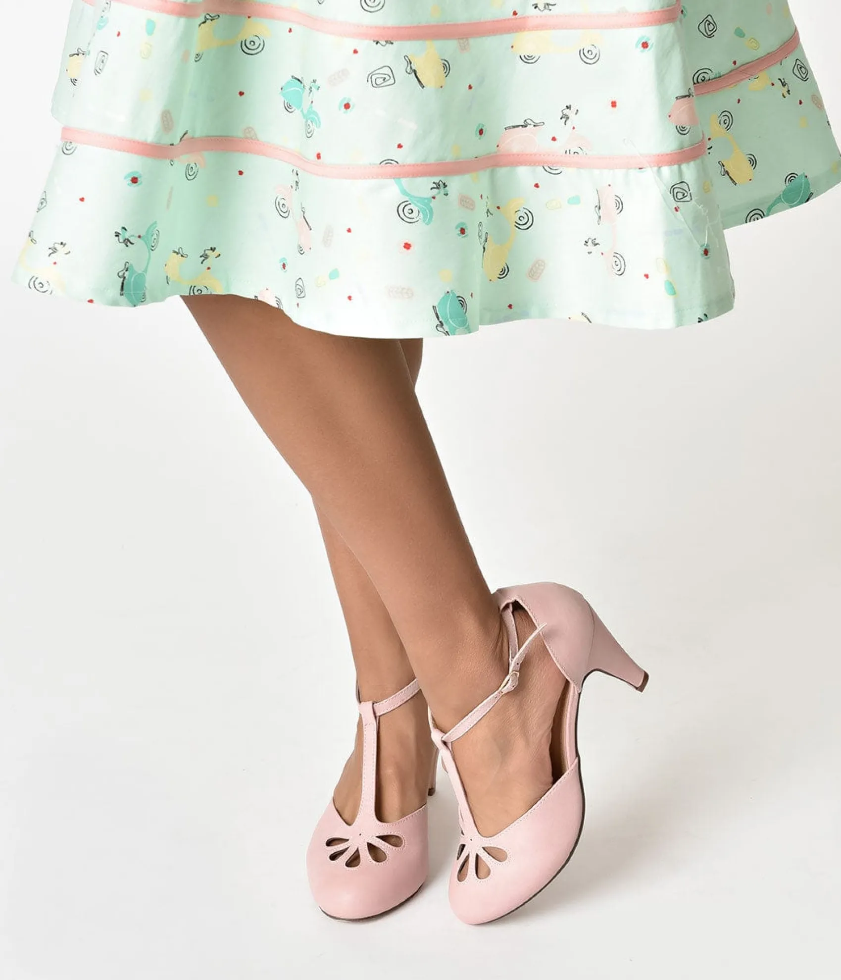 Unique Vintage Rose Pink T-Strap Cut Out Kitten Heels Outlet