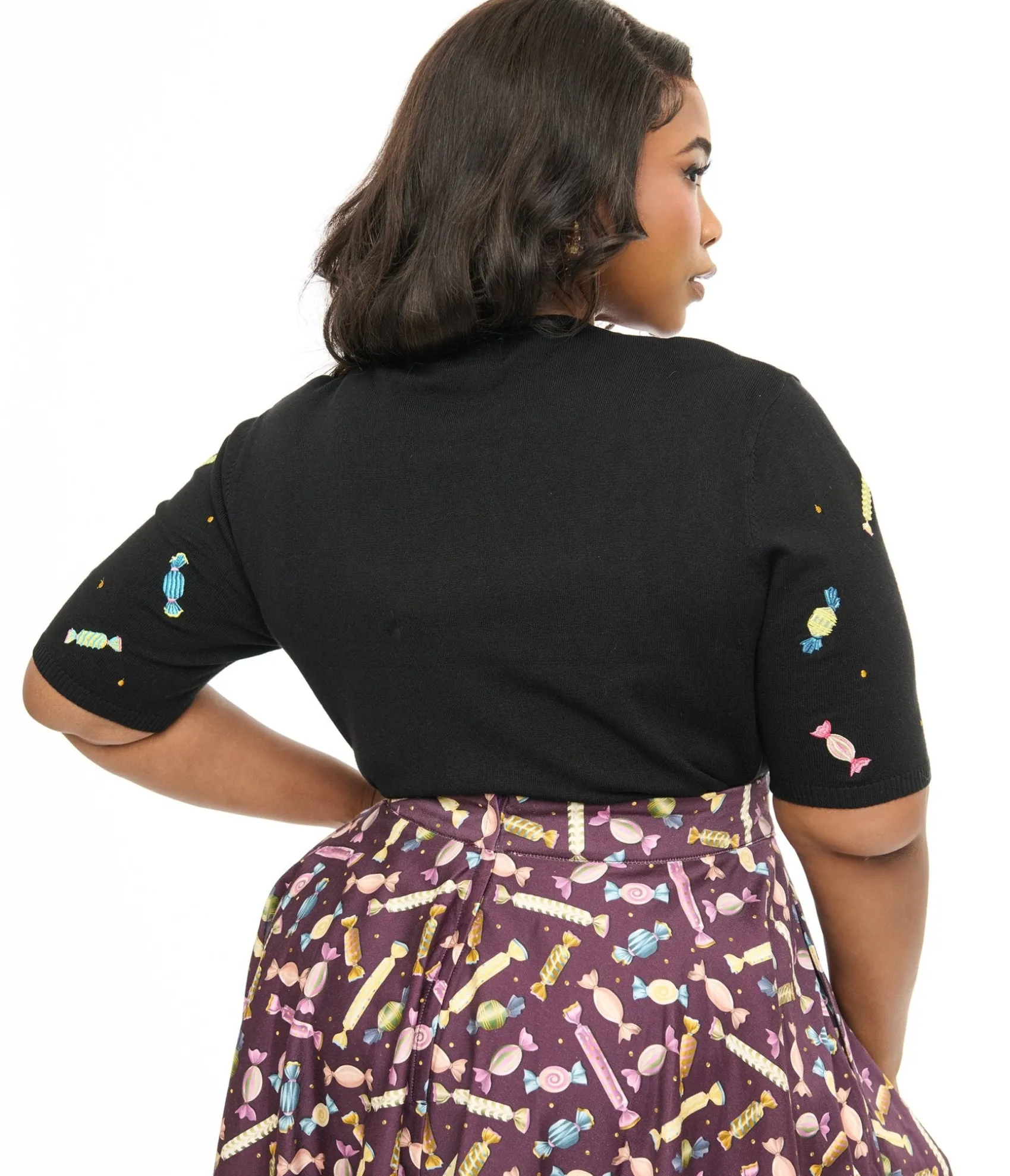 Unique Vintage Royal Monk Plus Size 1950s Black & Rainbow Candy Sweater Best Sale