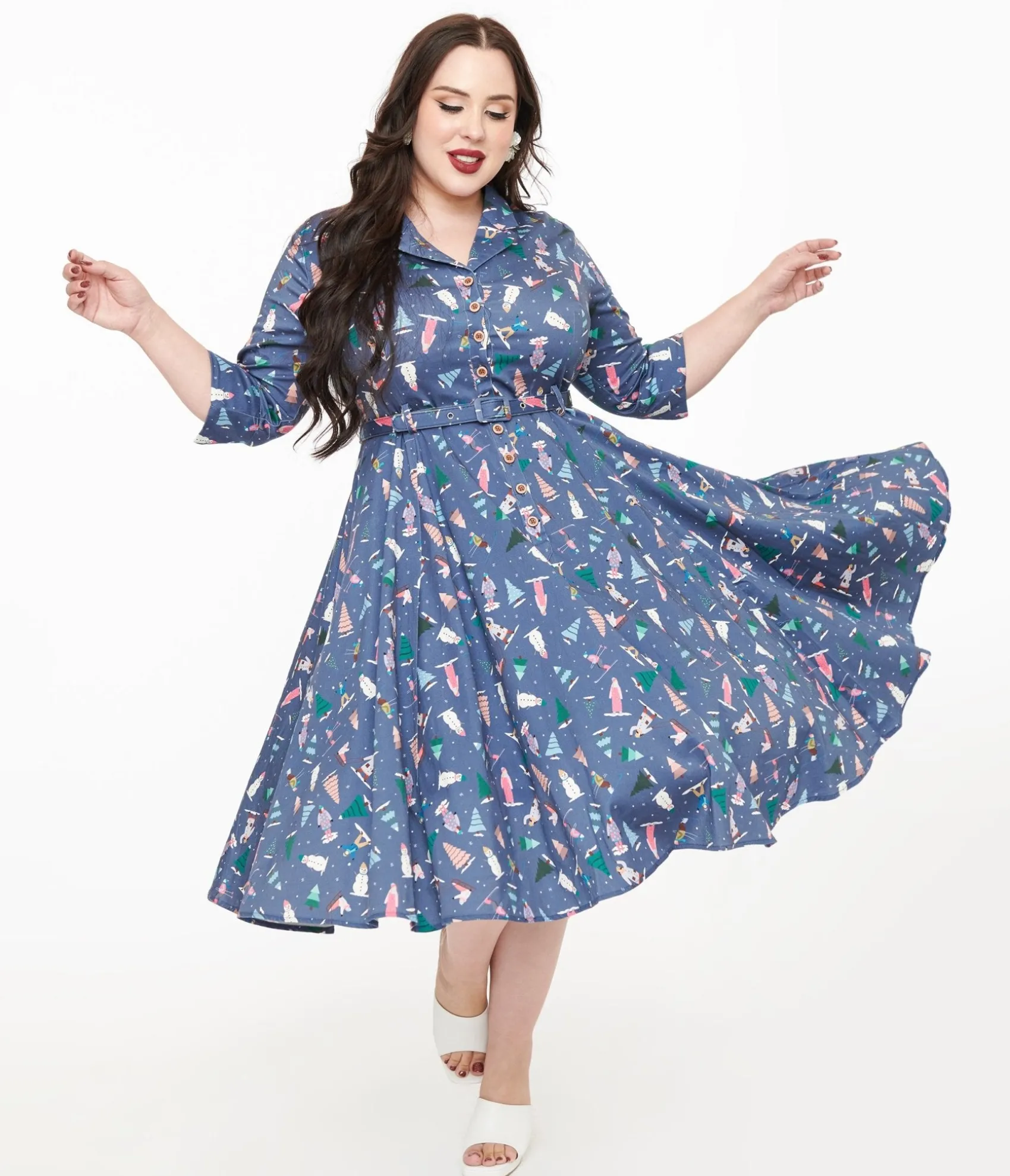 Unique Vintage Royal Monk Plus Size 1940s Blue Ski Snow Season Midi Dress Online