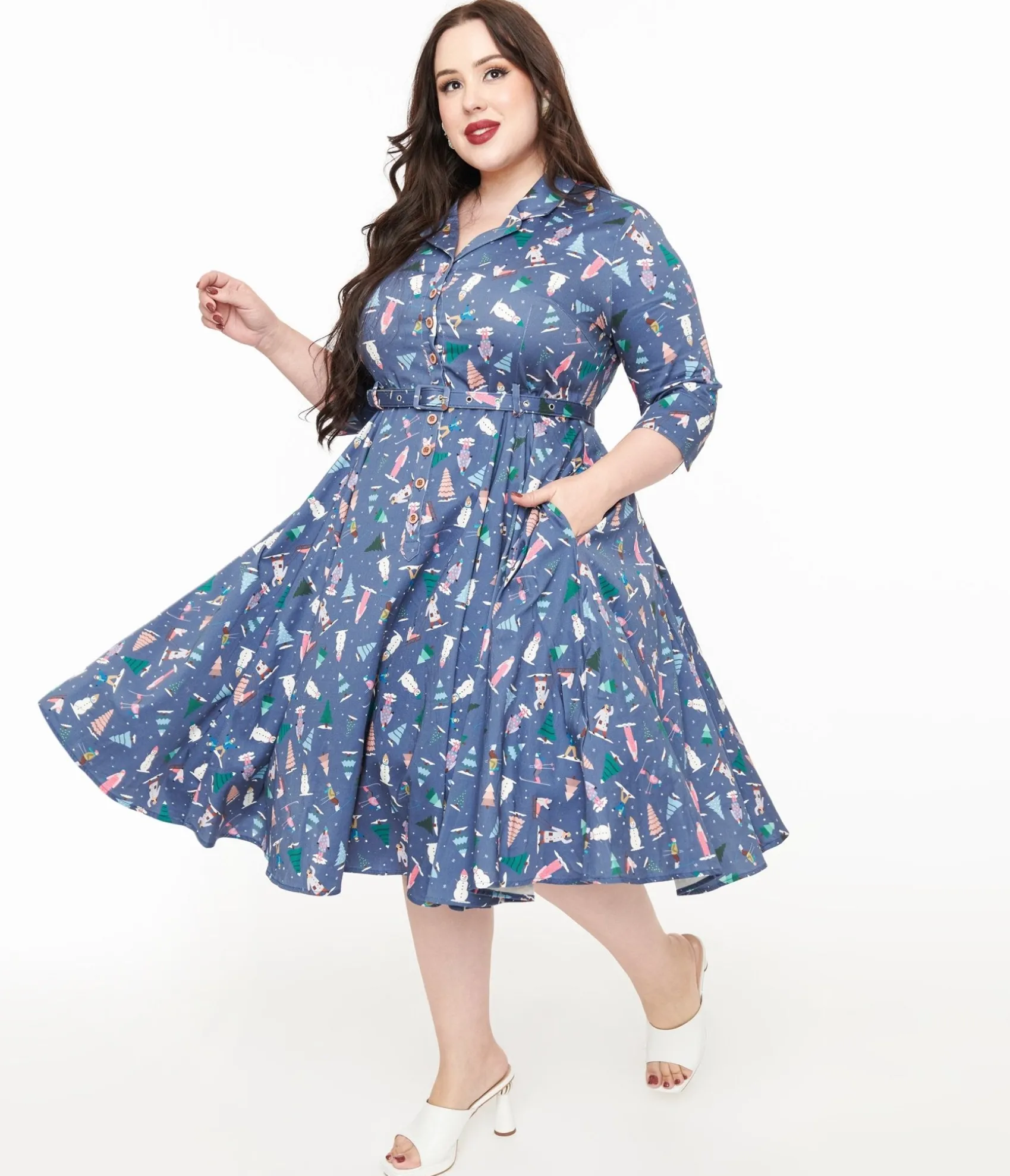 Unique Vintage Royal Monk Plus Size 1940s Blue Ski Snow Season Midi Dress Online