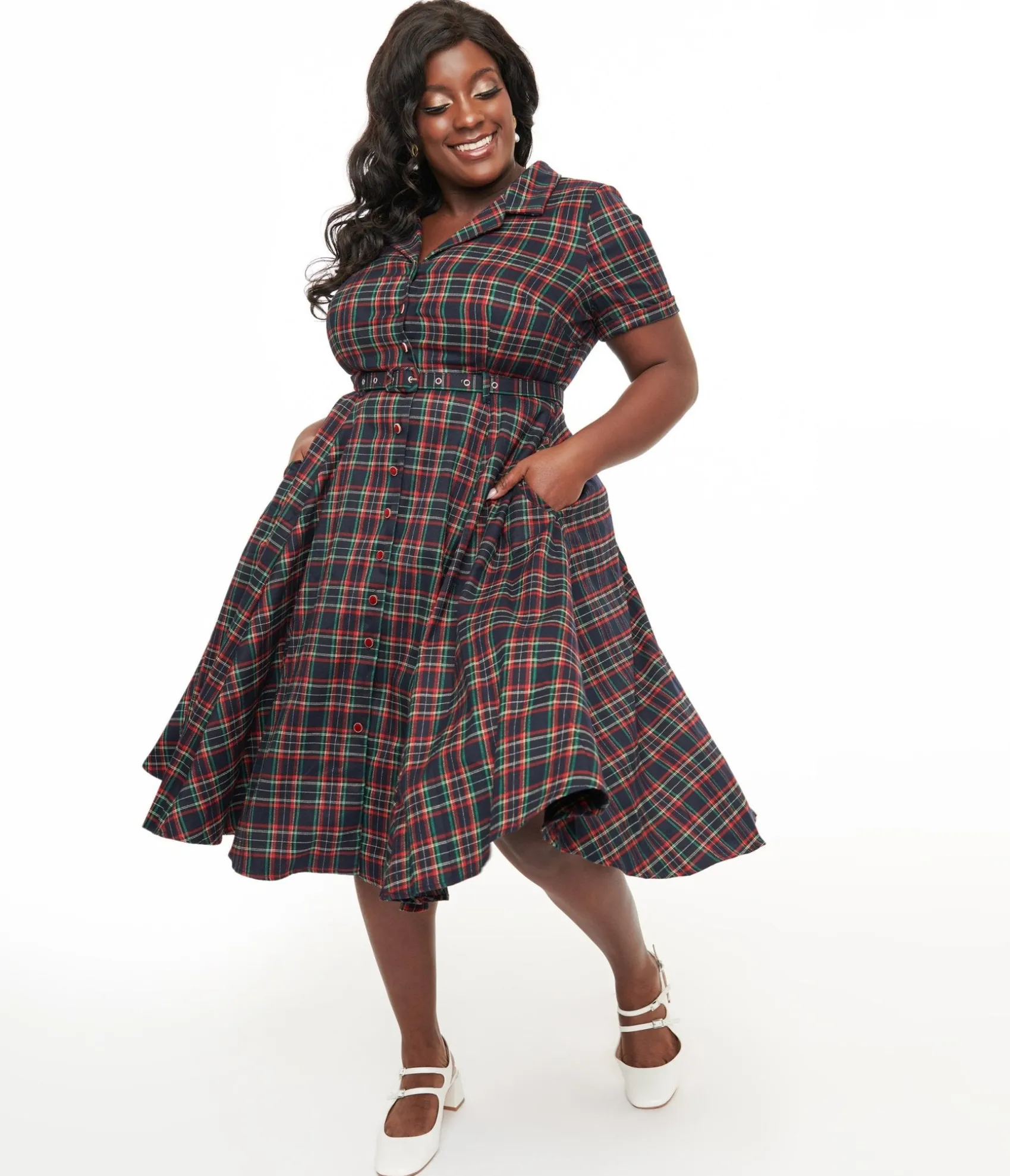 Unique Vintage Royal Monk Plus Size 1950s Green & Red Plaid Merry Holidays Swing Dress Hot
