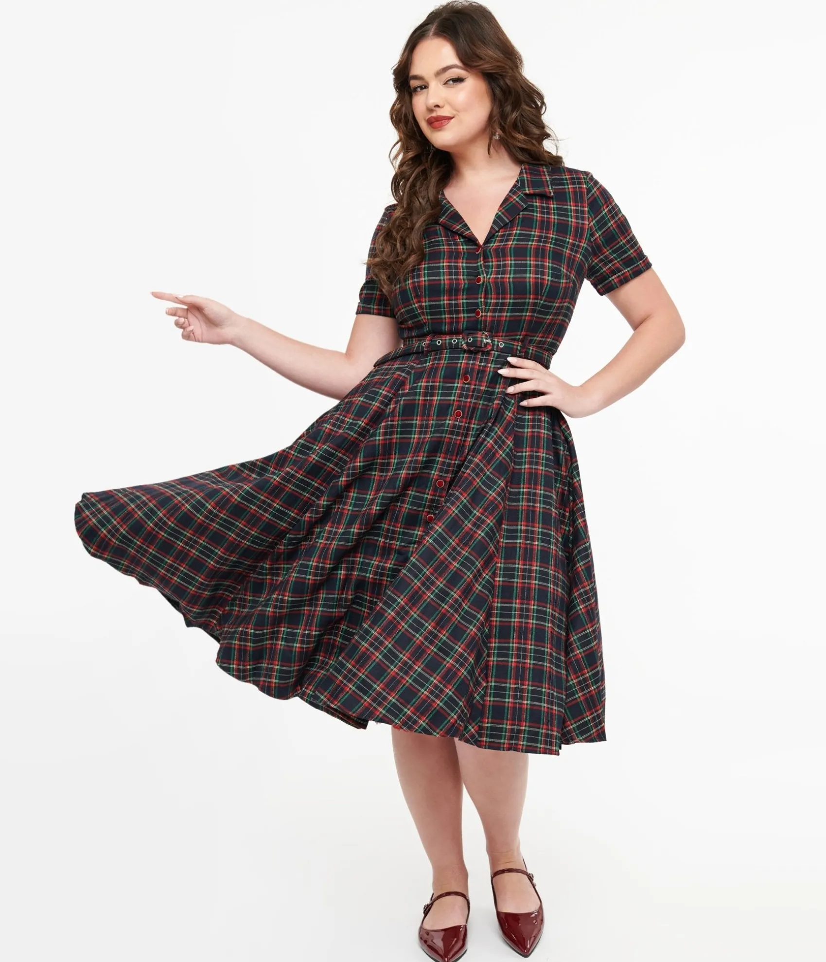 Unique Vintage Royal Monk 1950s Green & Red Plaid Merry Holidays Swing Dress Shop