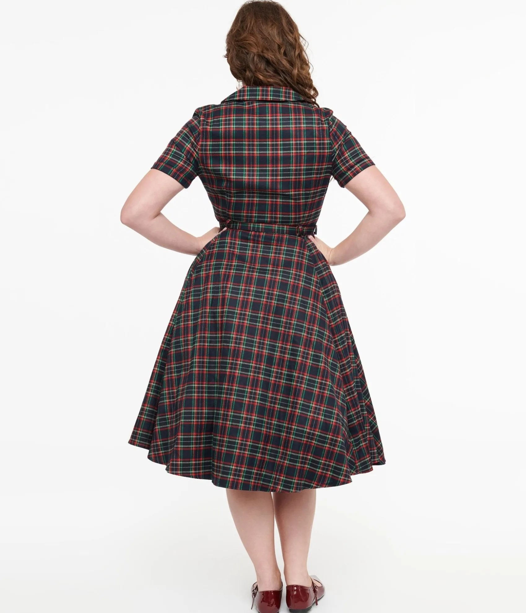 Unique Vintage Royal Monk 1950s Green & Red Plaid Merry Holidays Swing Dress Shop