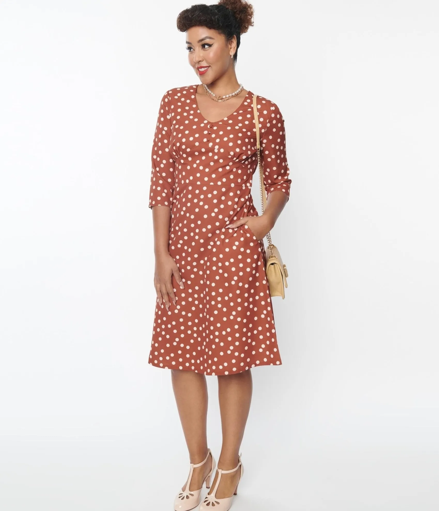 Unique Vintage Rust Red & Cream Polka Dot Swing Dress Clearance