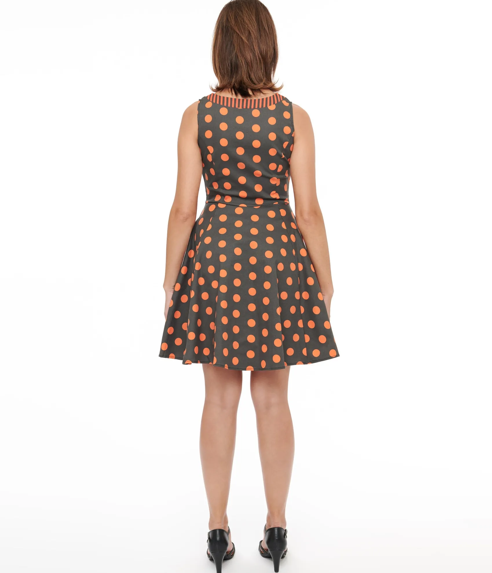 Unique Vintage 1950s Black & Orange Polka Dot Fit & Flare Dress Flash Sale