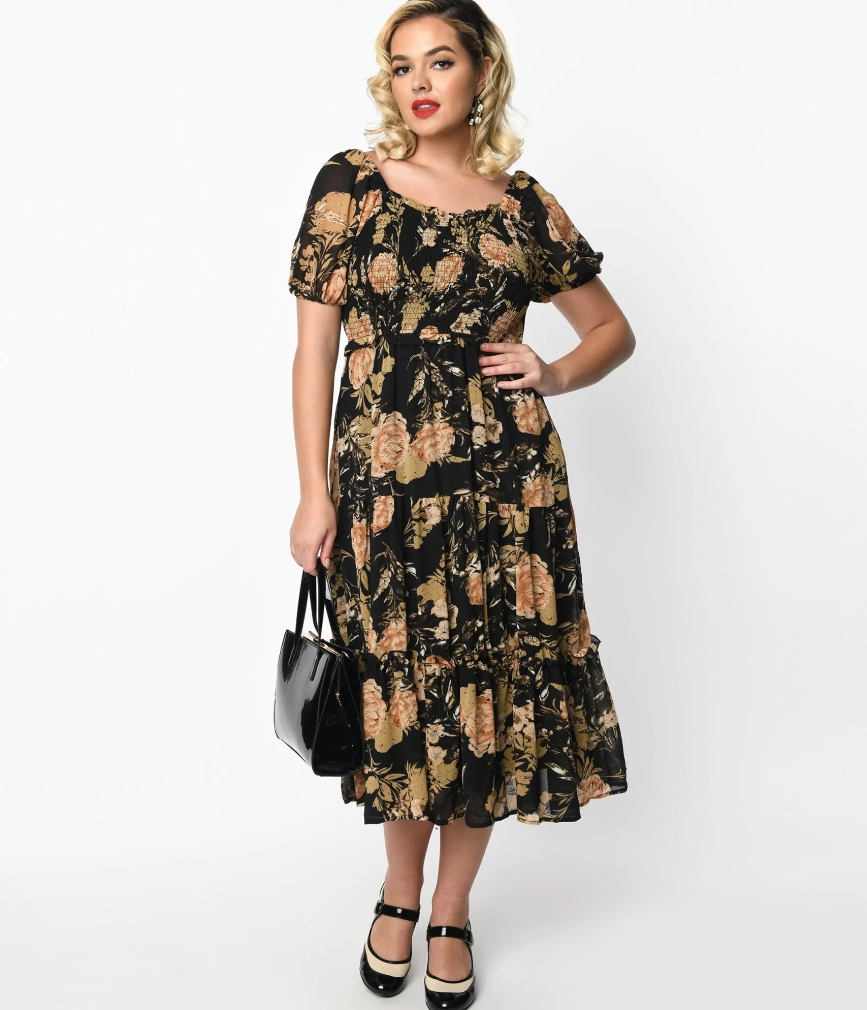 Unique Vintage 1970s Black & Pink Antique Floral Smocked Puff Sleeve Midi Dress Sale