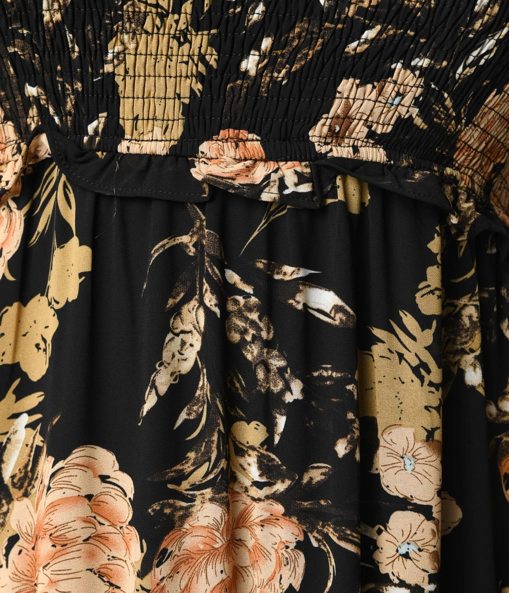 Unique Vintage 1970s Black & Pink Antique Floral Smocked Puff Sleeve Midi Dress Sale