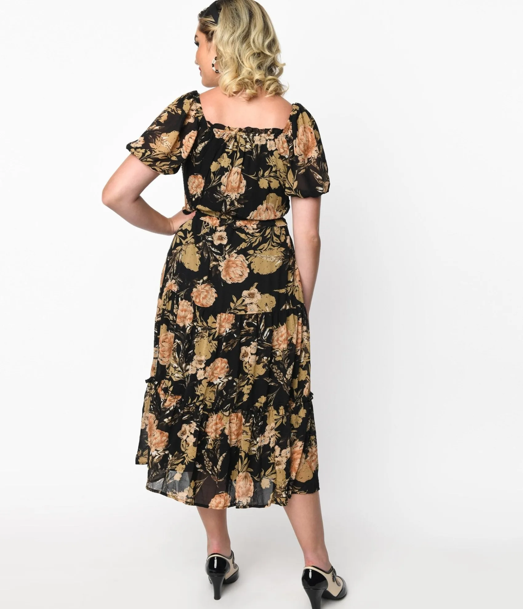 Unique Vintage 1970s Black & Pink Antique Floral Smocked Puff Sleeve Midi Dress Sale